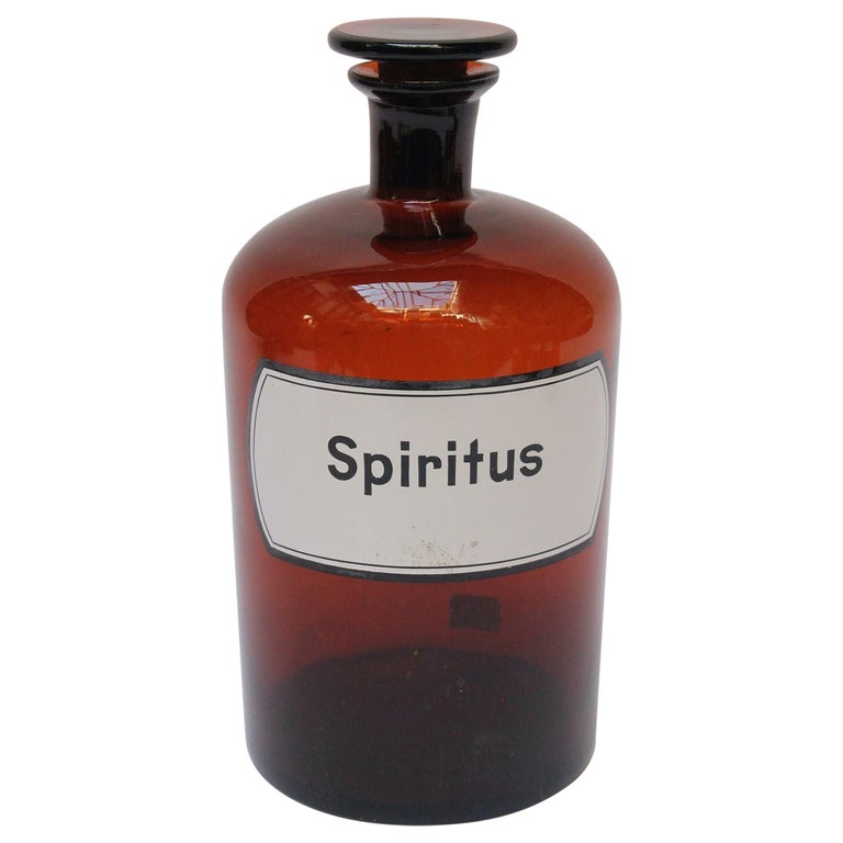 Große deutsche Bernsteinglas-Apothekerflasche „Spiritus“ im