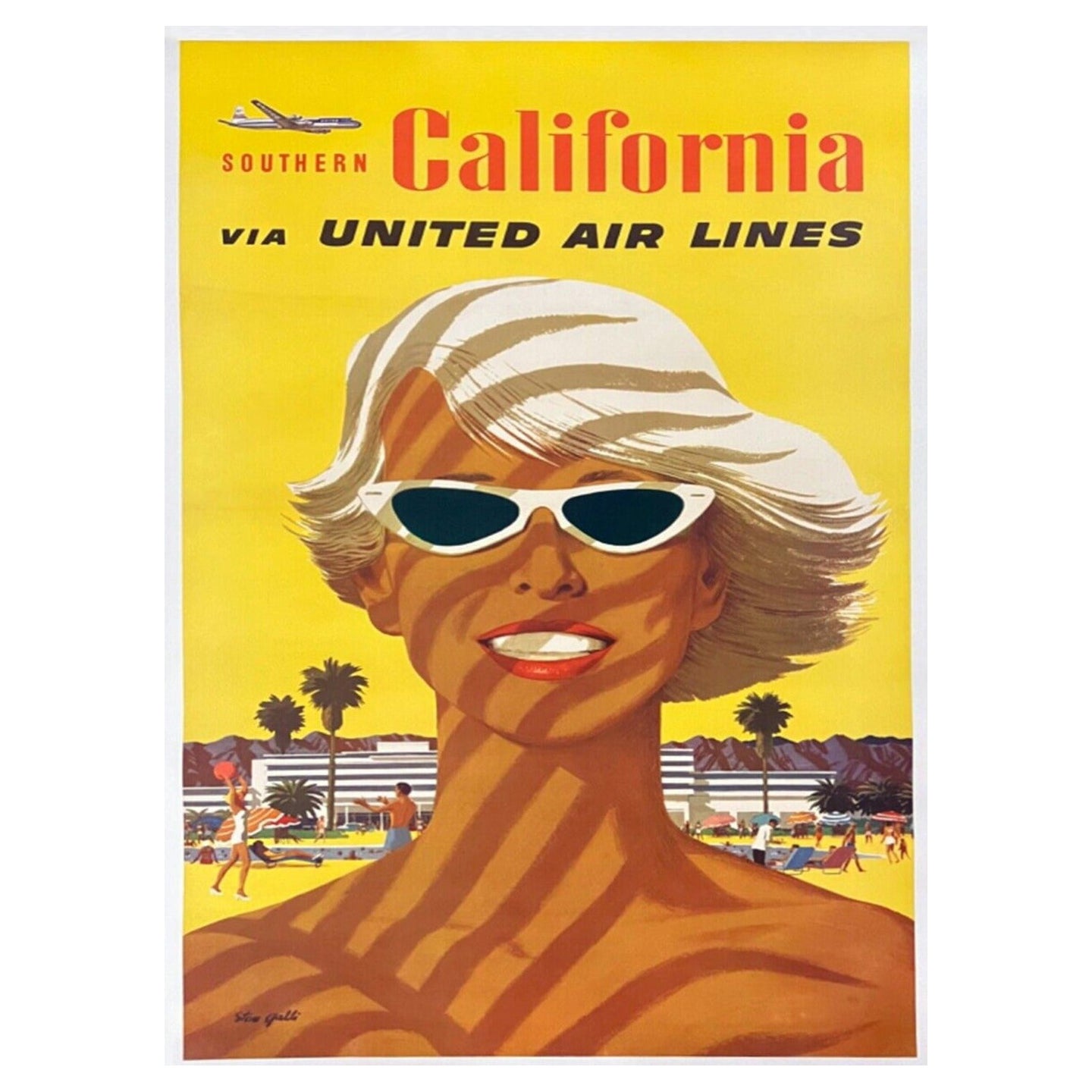 Affiche vintage originale d'U.S. Airlines, Californie du Sud, 1950