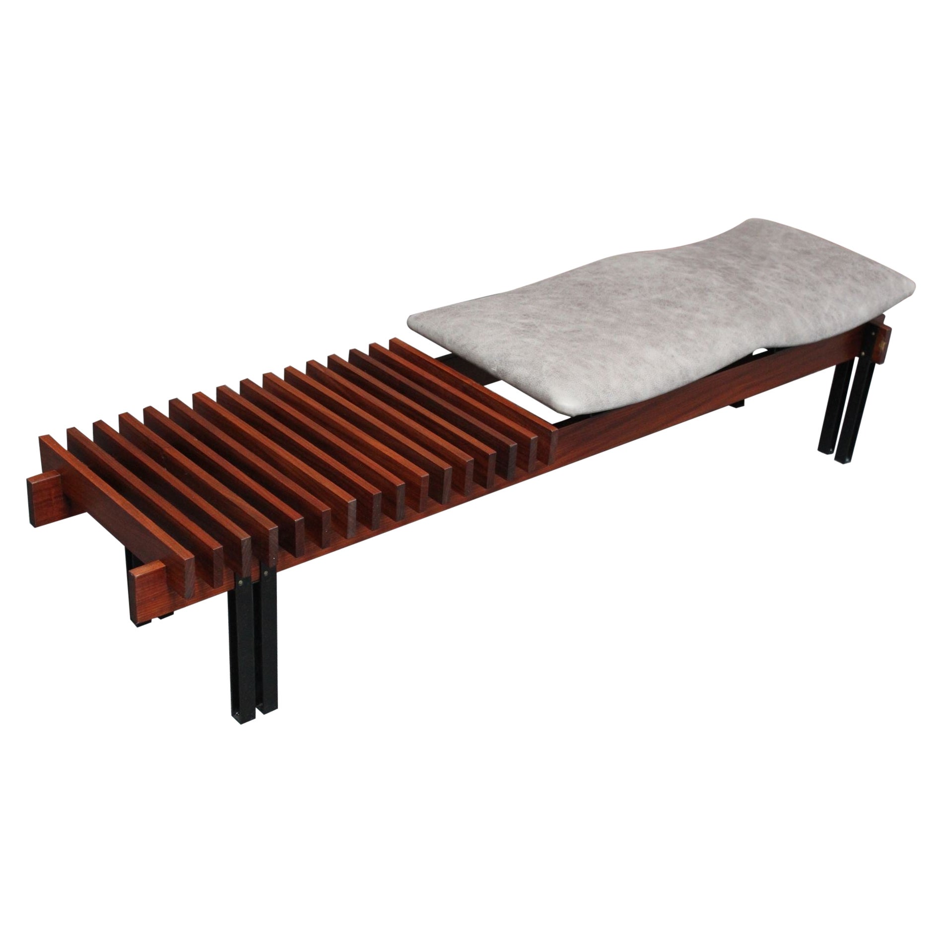 Italian Modernist Teak and Leather Bench by Inge and Luciano Rubino