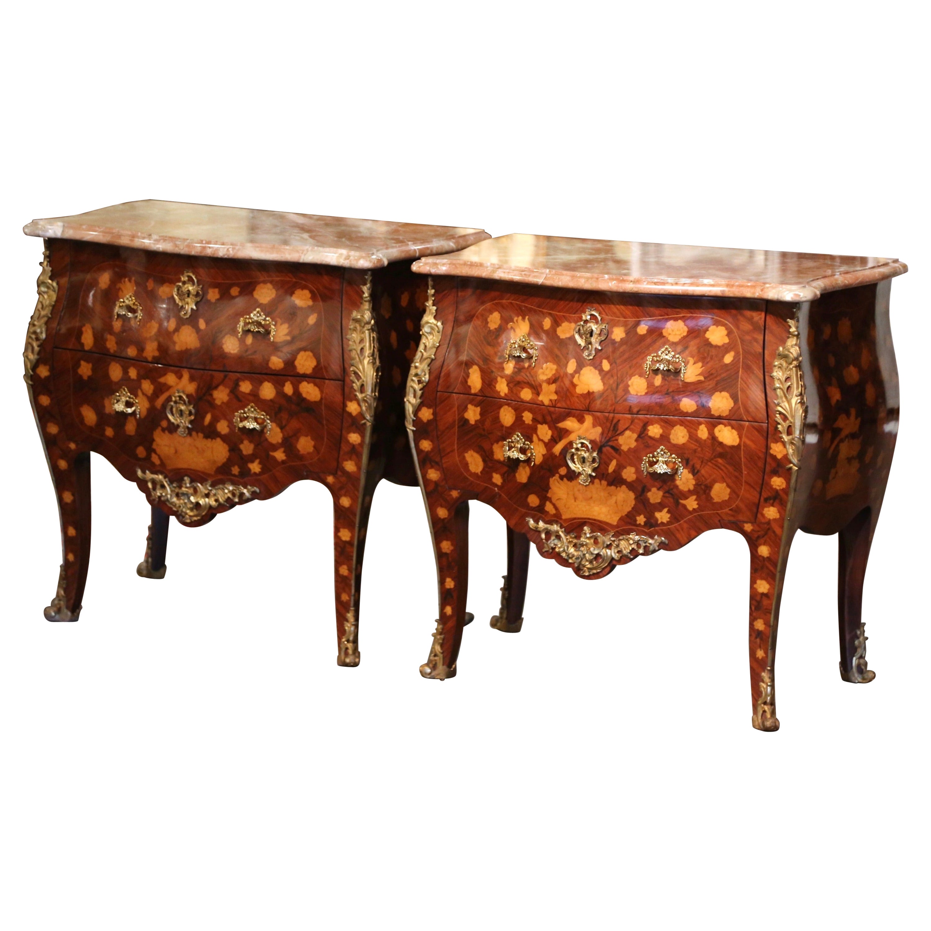 Pair of Vintage Louis XV Marble Top Marquetry and Ormolu Bombe Chests of Drawers For Sale