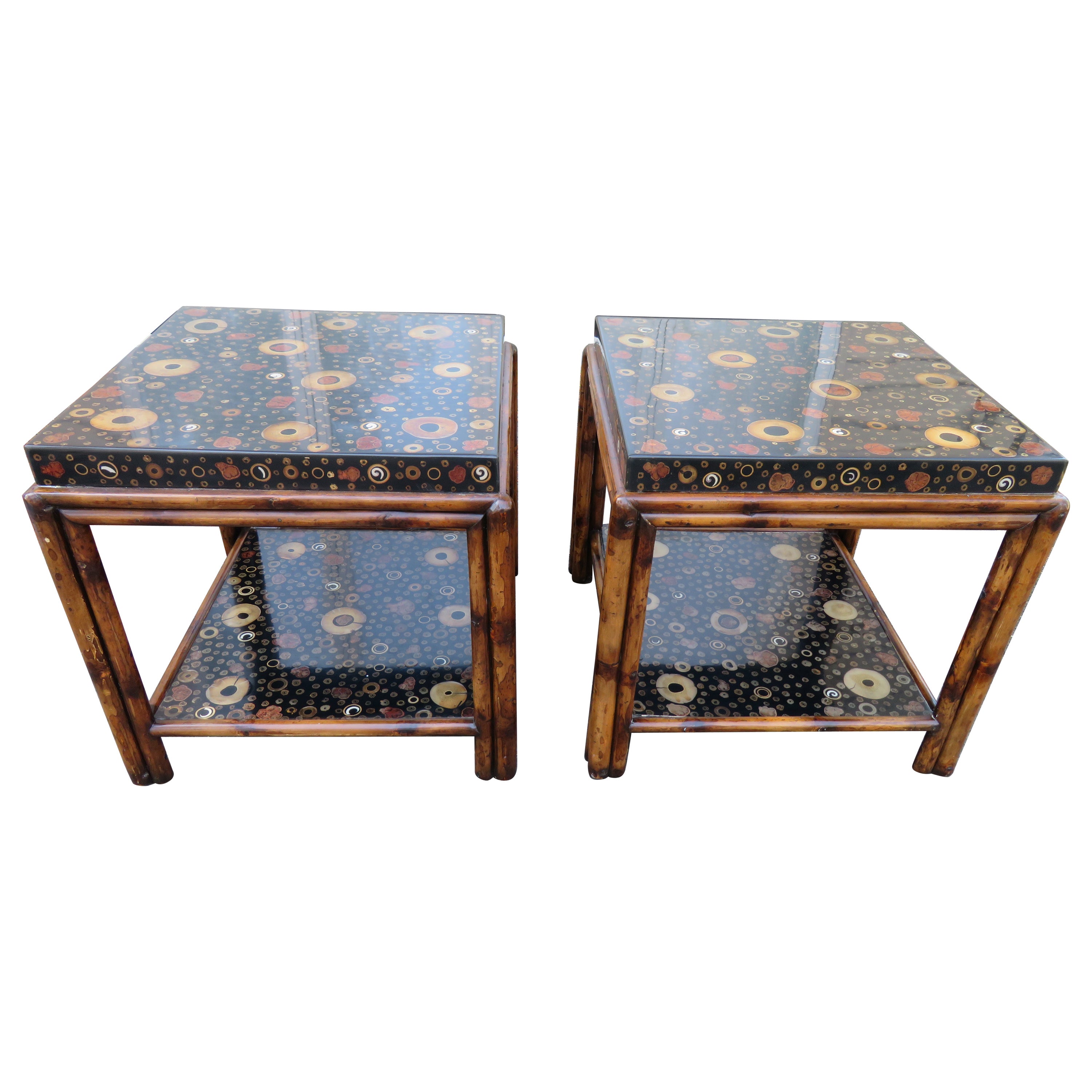 Unusual Pair Theodore Alexander Bamboo Rattan Side/End Tables