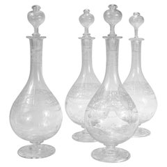 Set of 4 Antique Stourbridge Etched & Engraved Glass Decanters with Stoppers