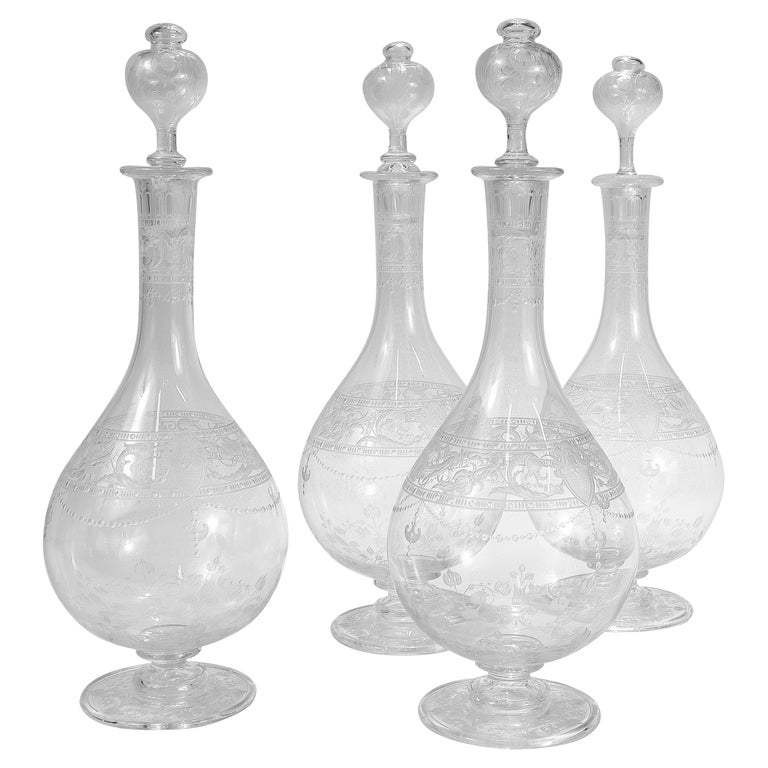 Set of 4 Antique Stourbridge Etched and Engraved Glass Decanters with