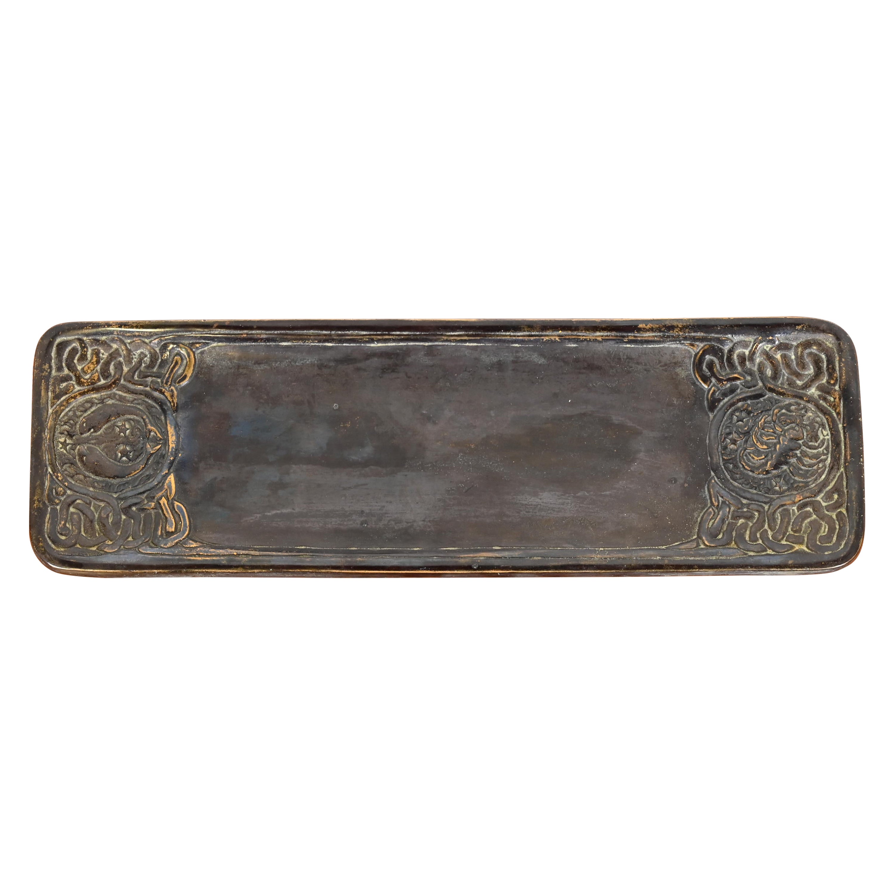 Tiffany Studios New York "Zodiac" Patinated Bronze Pen Tray Desk Accessory For Sale