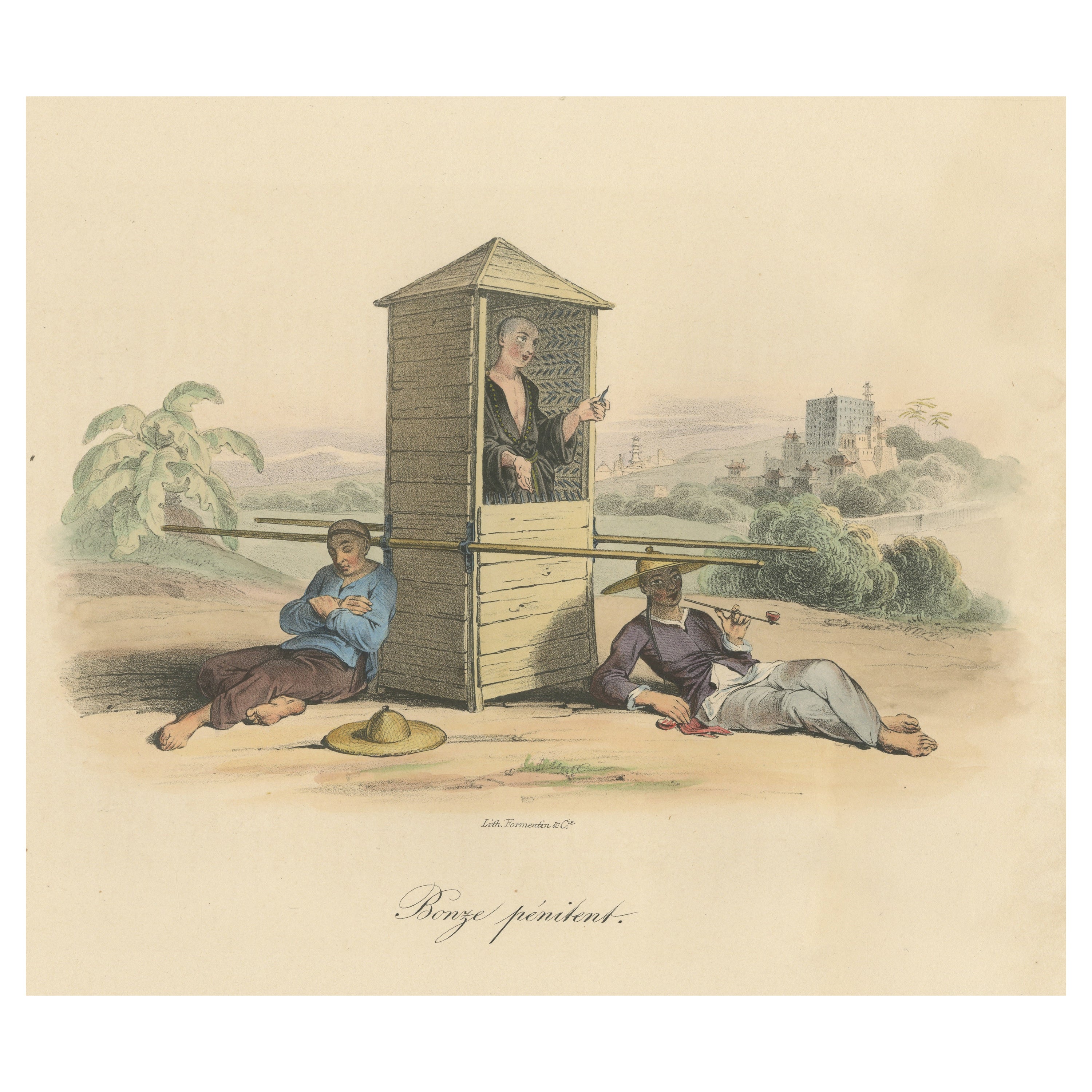 Antique Print of a Religious Man in a Sedan Chair, China For Sale