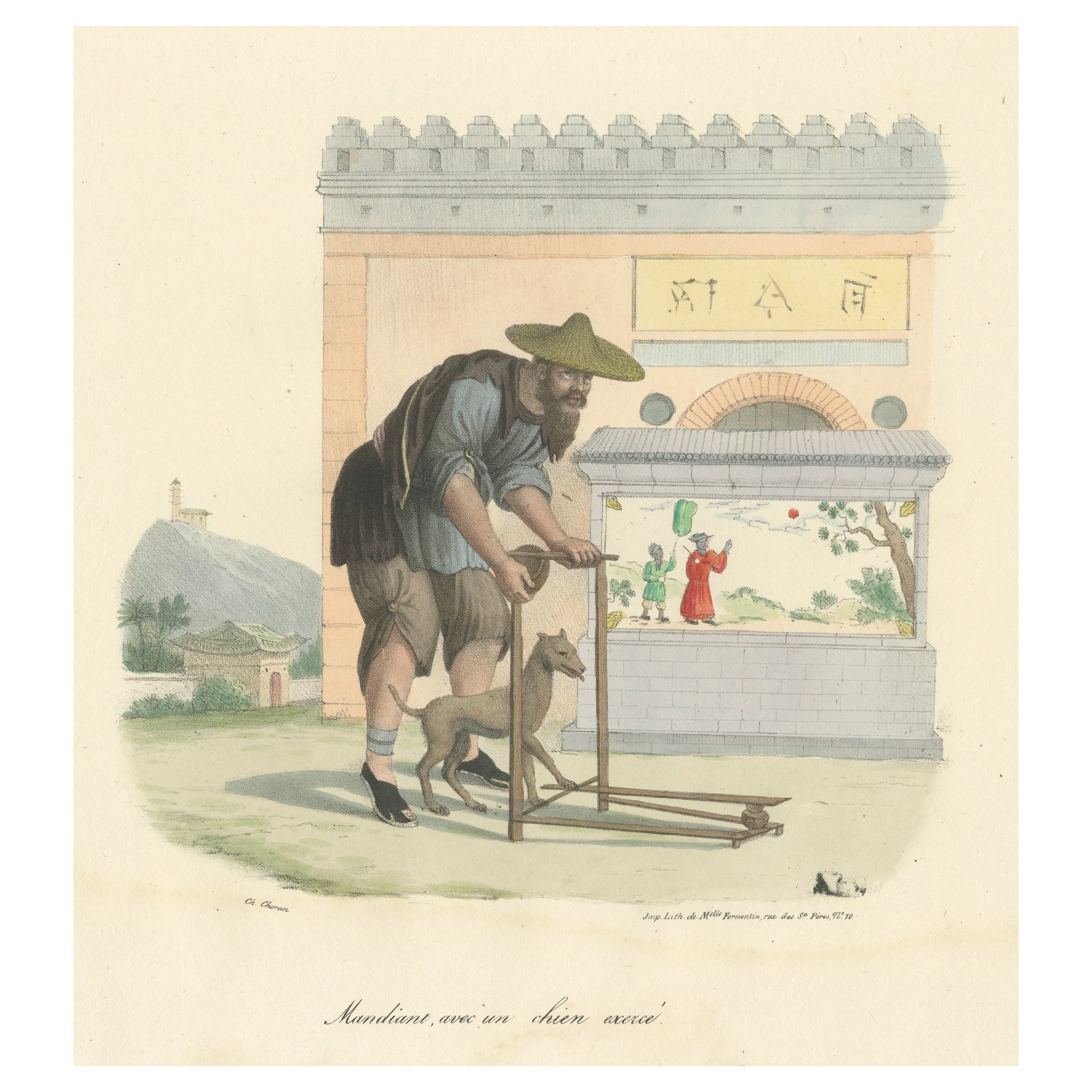 Antique Print of a Chinese Mendicant with His Dog