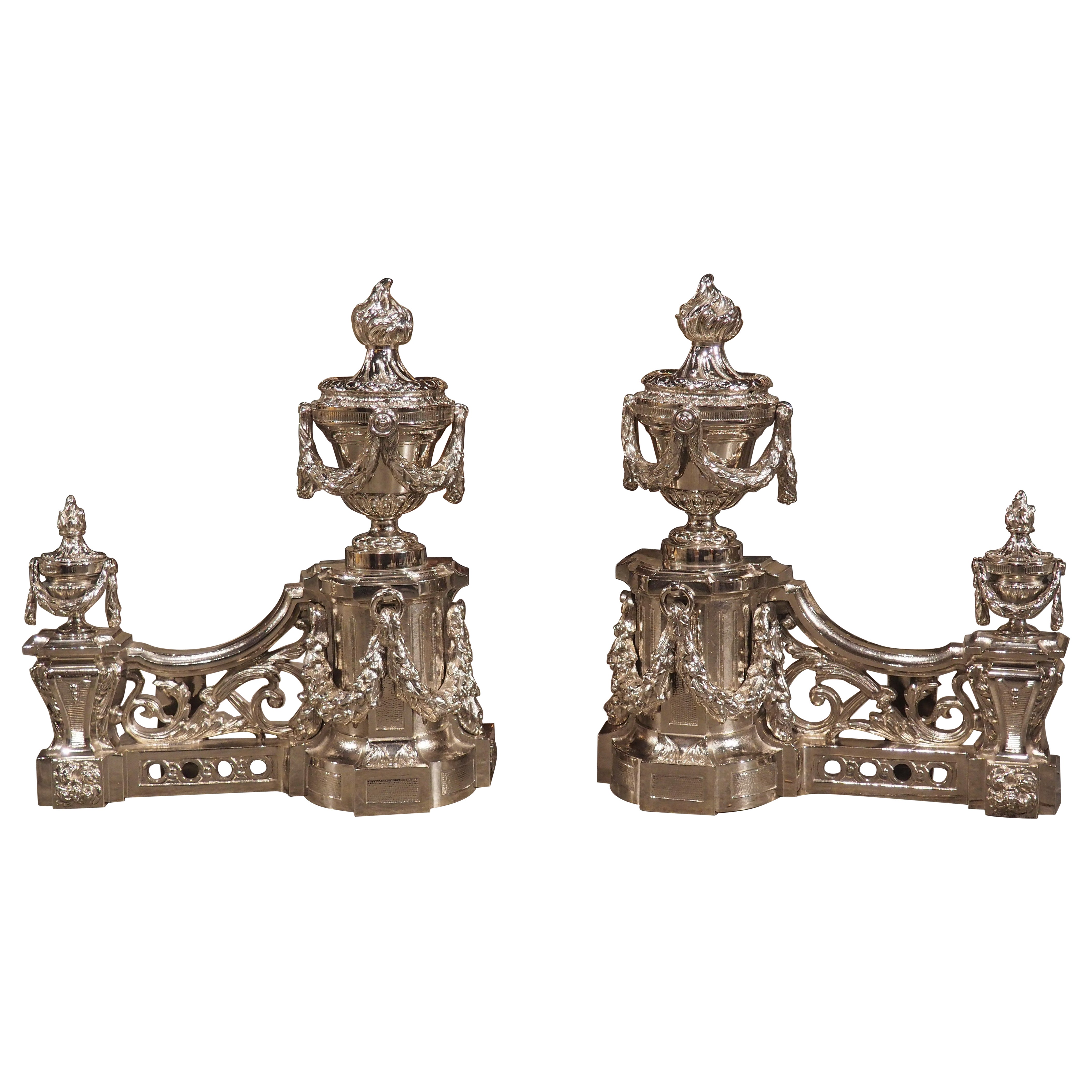 Pair of French Louis XVI Style Silvered Bronze Chenets, circa 1900 For Sale