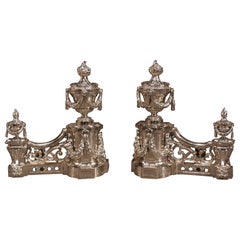 Used Pair of French Louis XVI Style Silvered Bronze Chenets, circa 1900