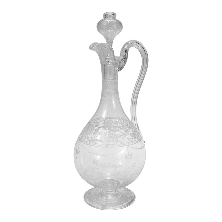 Antique Stourbridge Etched and Engraved Glass Handled Decanter For Sale