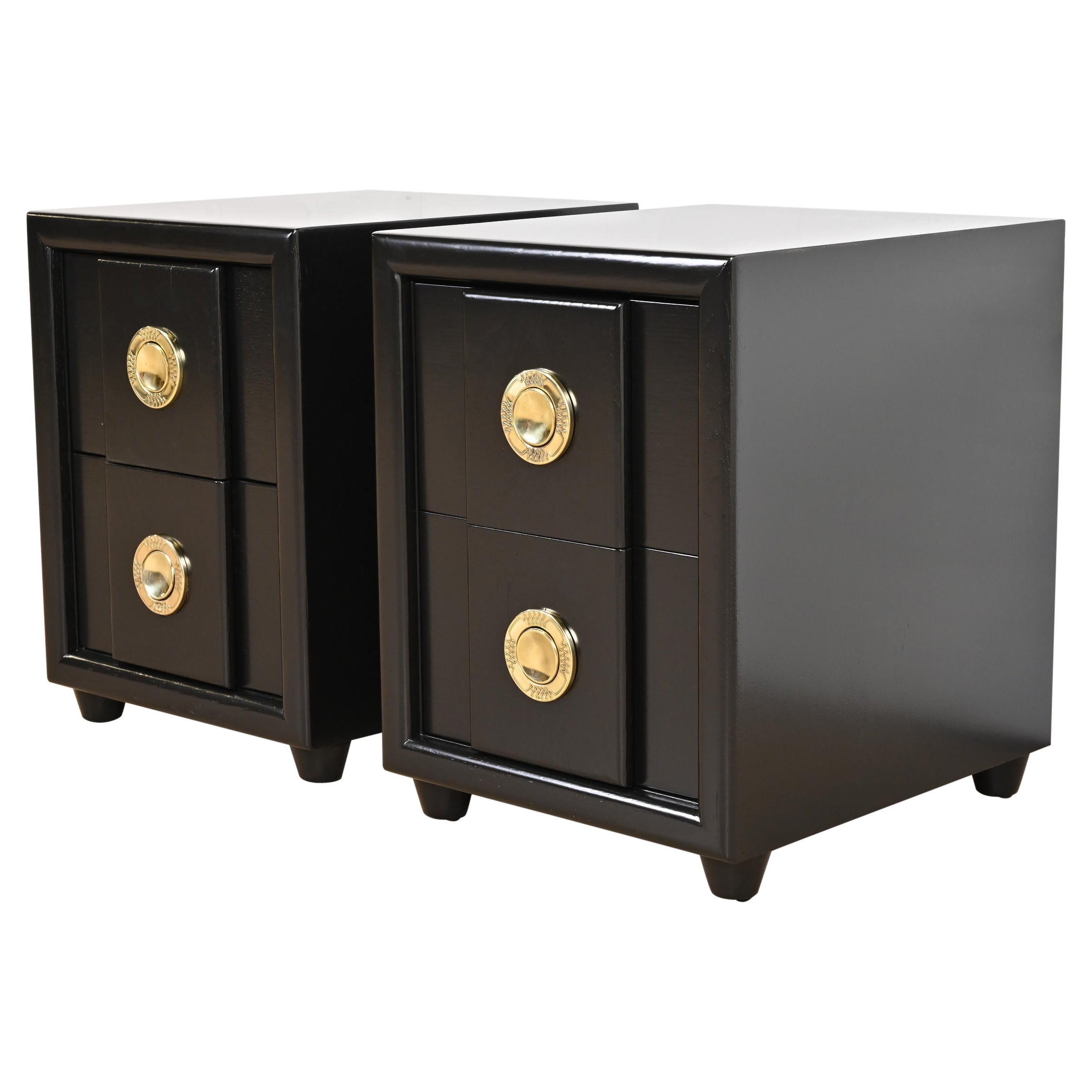 Karpen of California Mid-Century Modern Black Lacquered Nightstands, Refinished