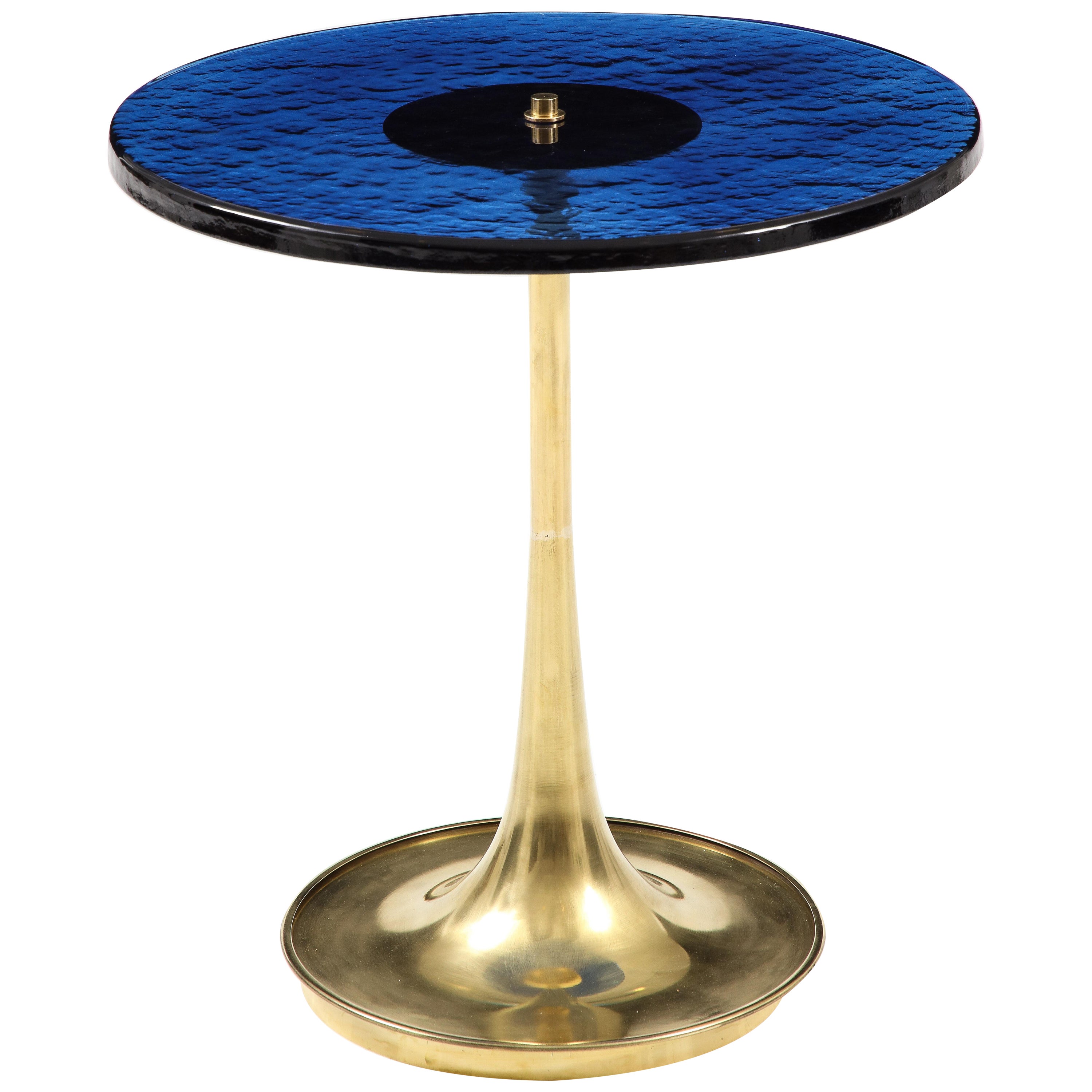 Round Cobalt Blue Murano Glass and Brass Martini or Side Table, Italy