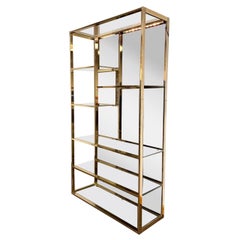 1970s Mid-Century Modern Polished Brass Glass and Mirror Etagere