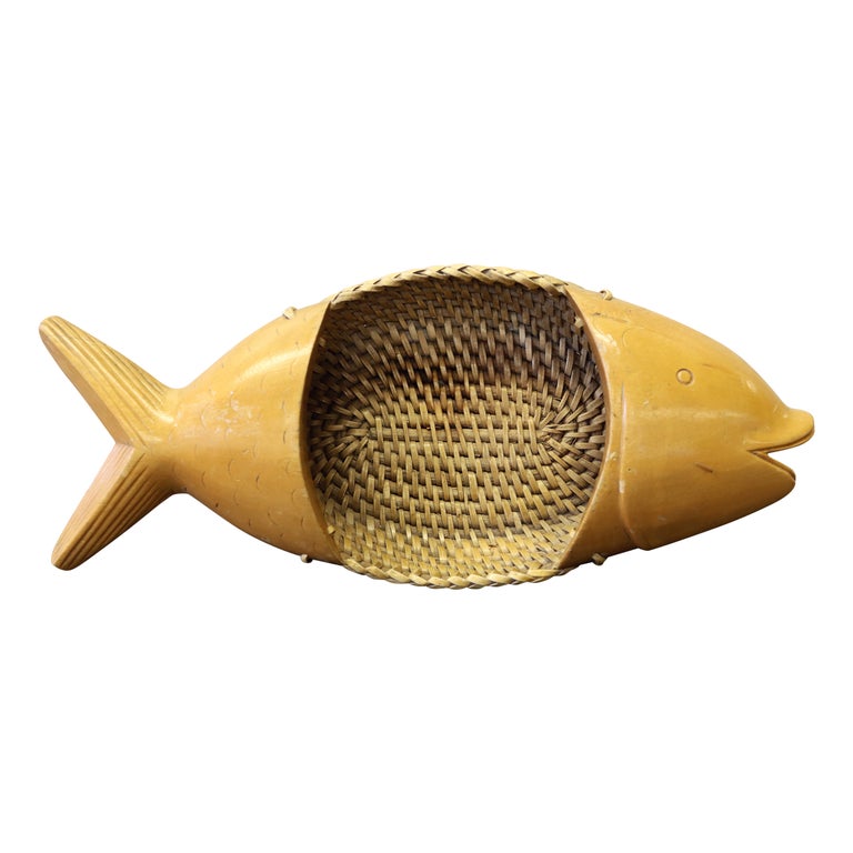 Vintage Wood and Wicker Fish Themed Basket For Sale at 1stDibs