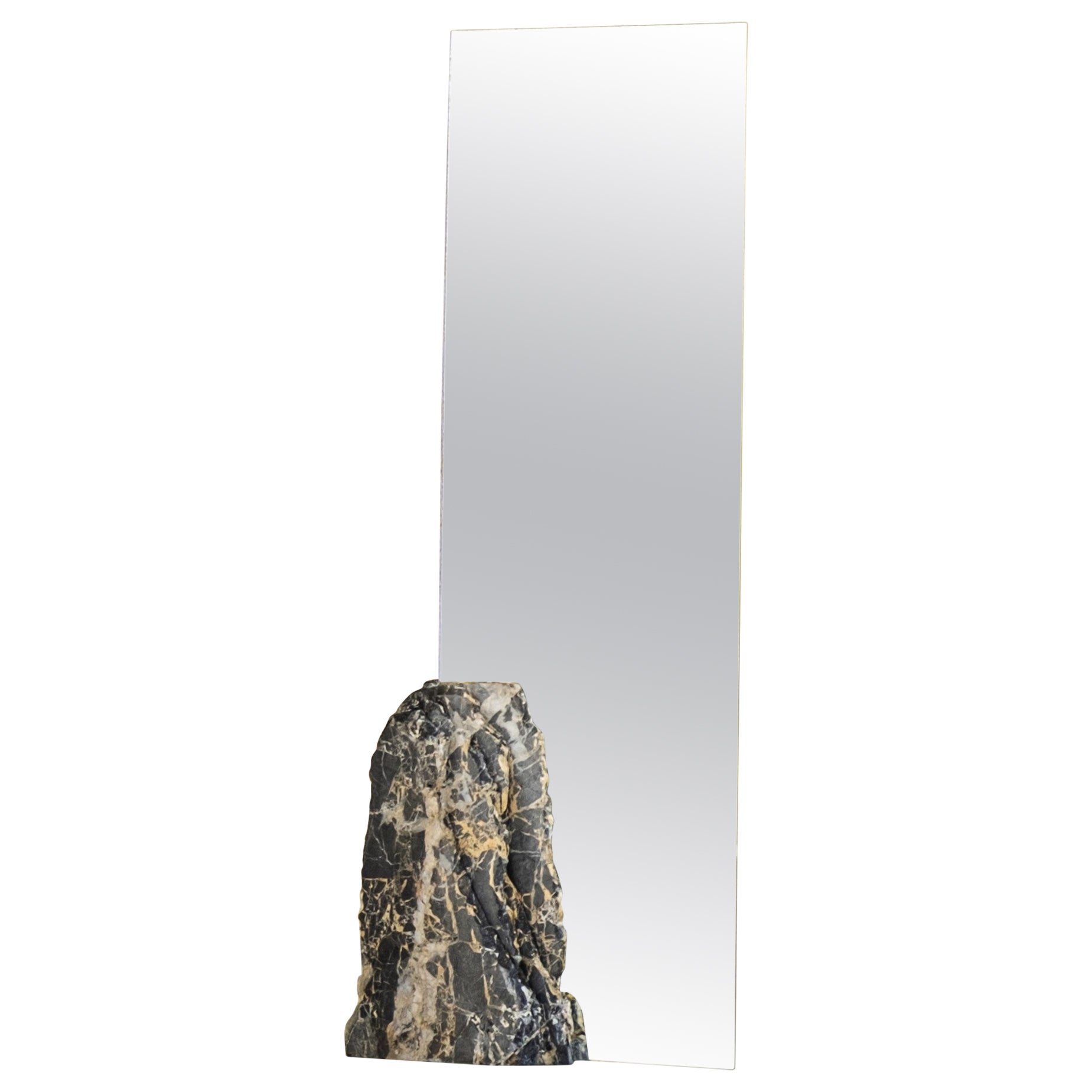 Sharp Rectangular Double Mirror with Irregular Black Stone by Andres Monnier