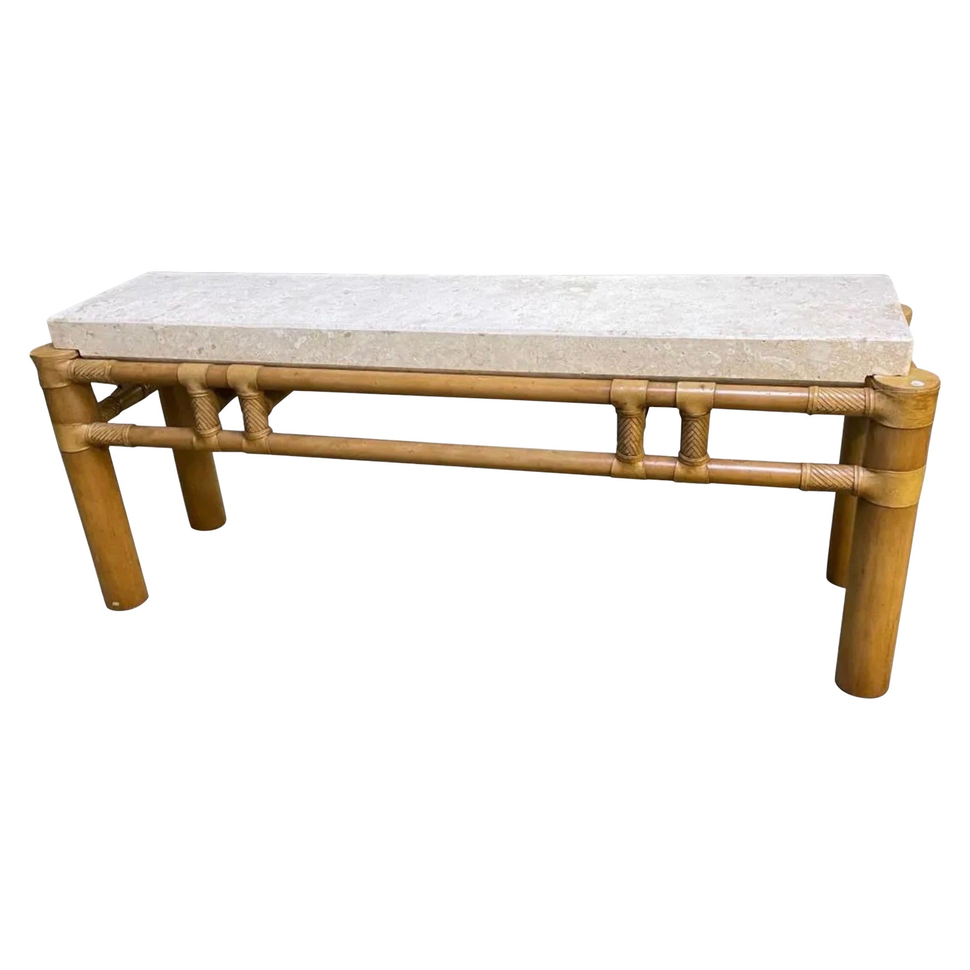 Vintage Huge Henredon Bamboo Console Table with Stone Top For Sale