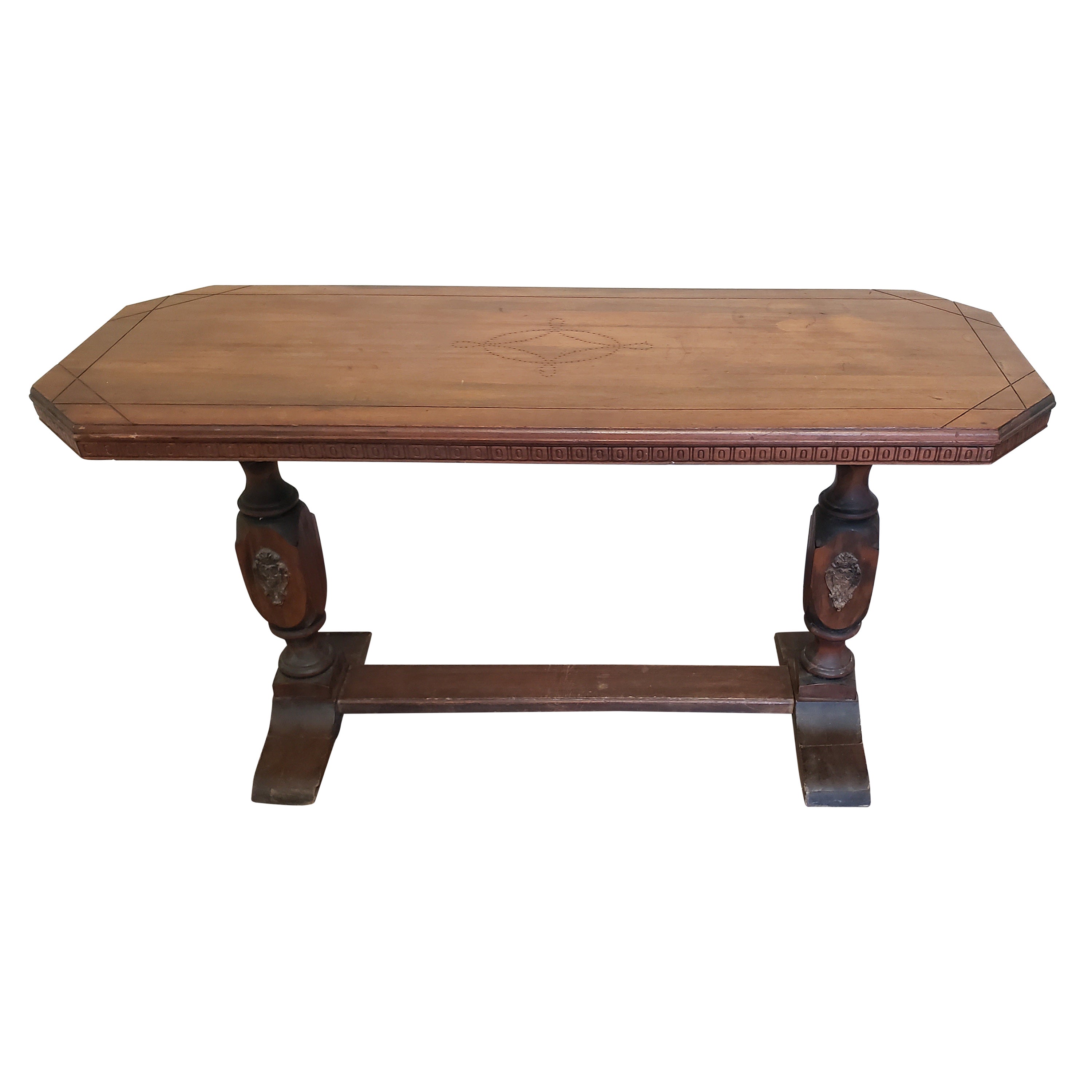 19th Century Baroque Style Walnut Trestle Base Library Table For Sale