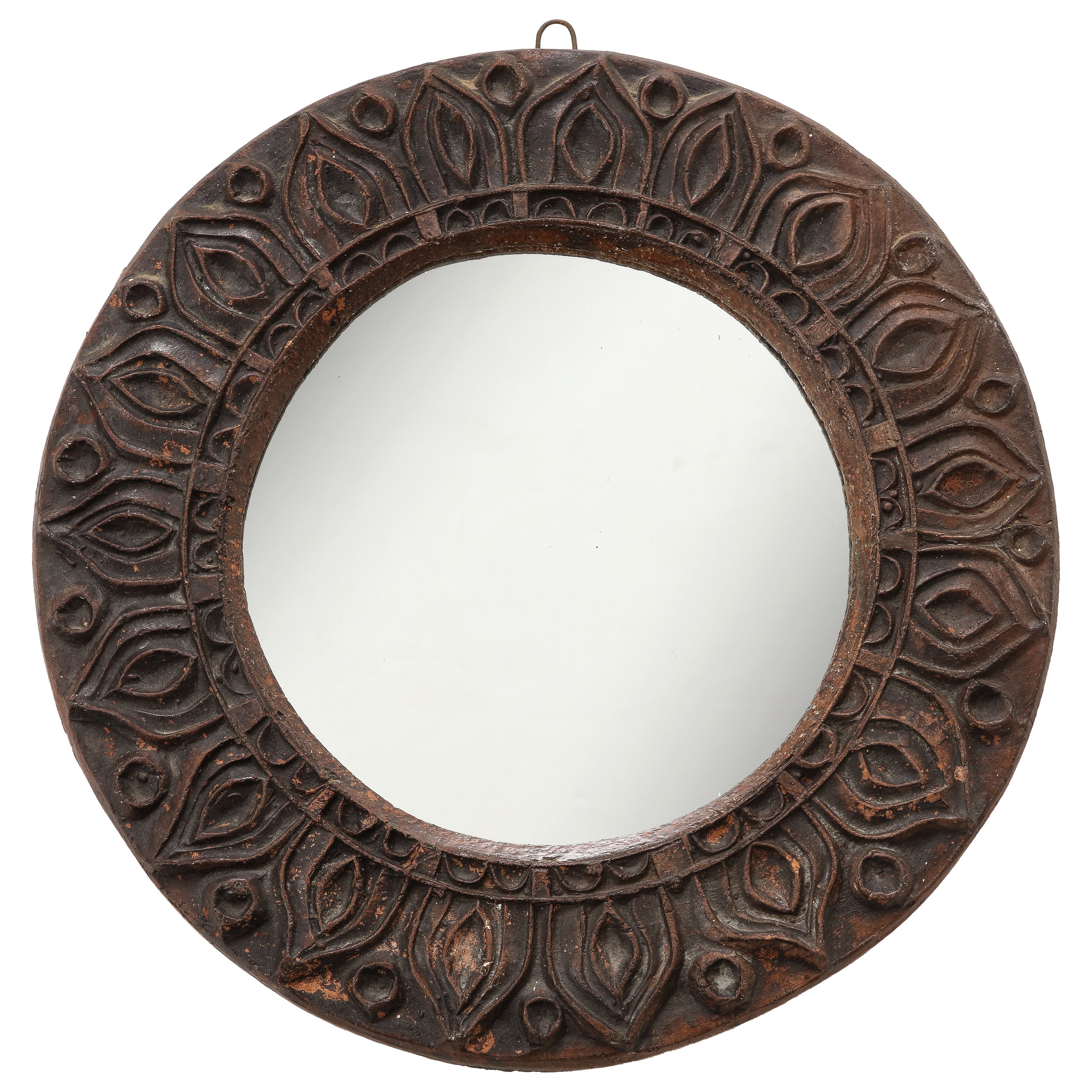 Brutalist Etched Dark Brown Terracotta Wall Mirror, France, 1970s For Sale