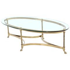 Oval Brass Glass Top Hoof Feet Italian Coffee Table
