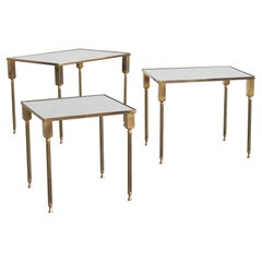 Maison Charles Set of 3 Nesting Tables in Patinated Brass and Mirror Glass 1960s