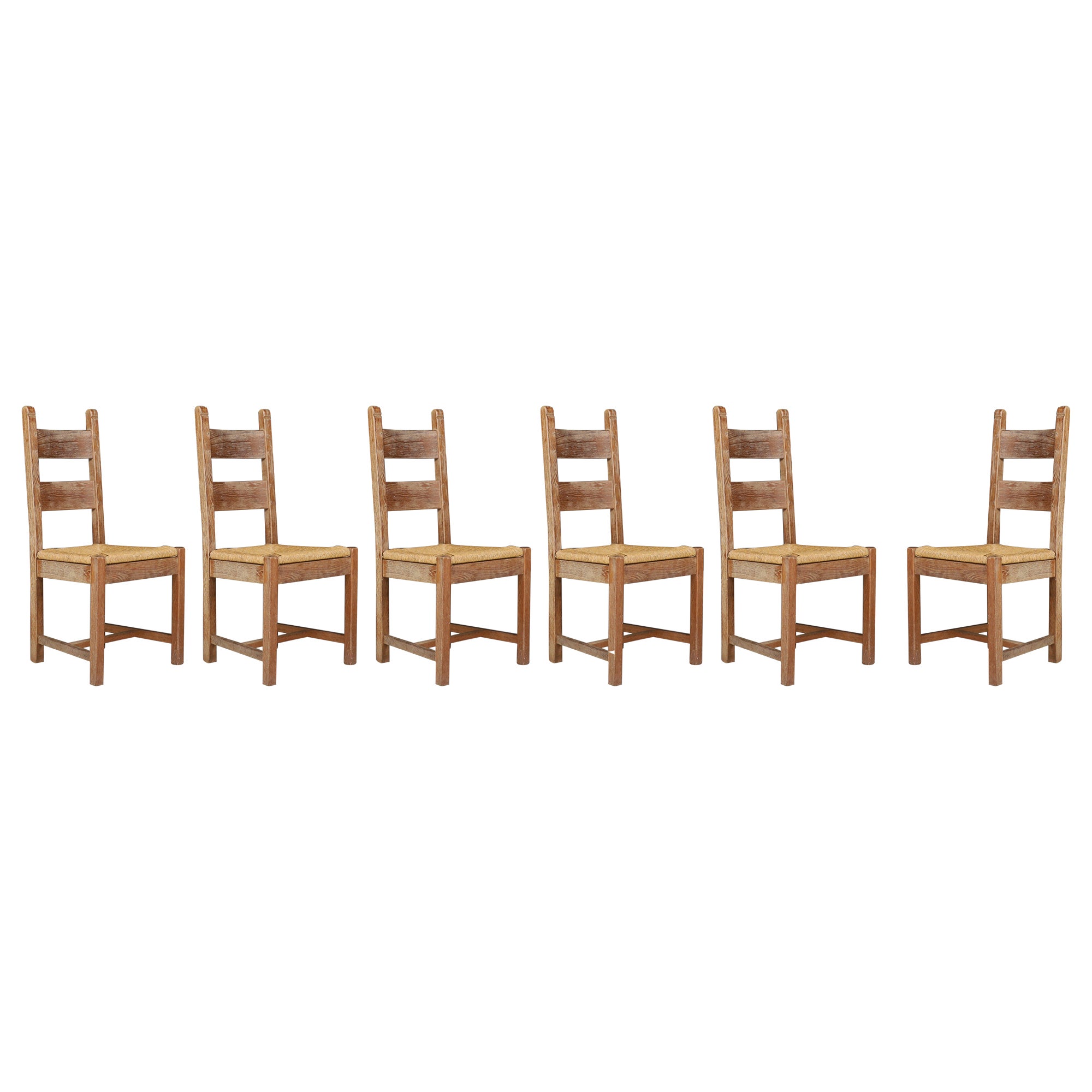 Farmhouse Oak and Rush Dining Chairs, France, 1960s