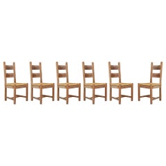 Vintage Farmhouse Oak and Rush Dining Chairs, France, 1960s