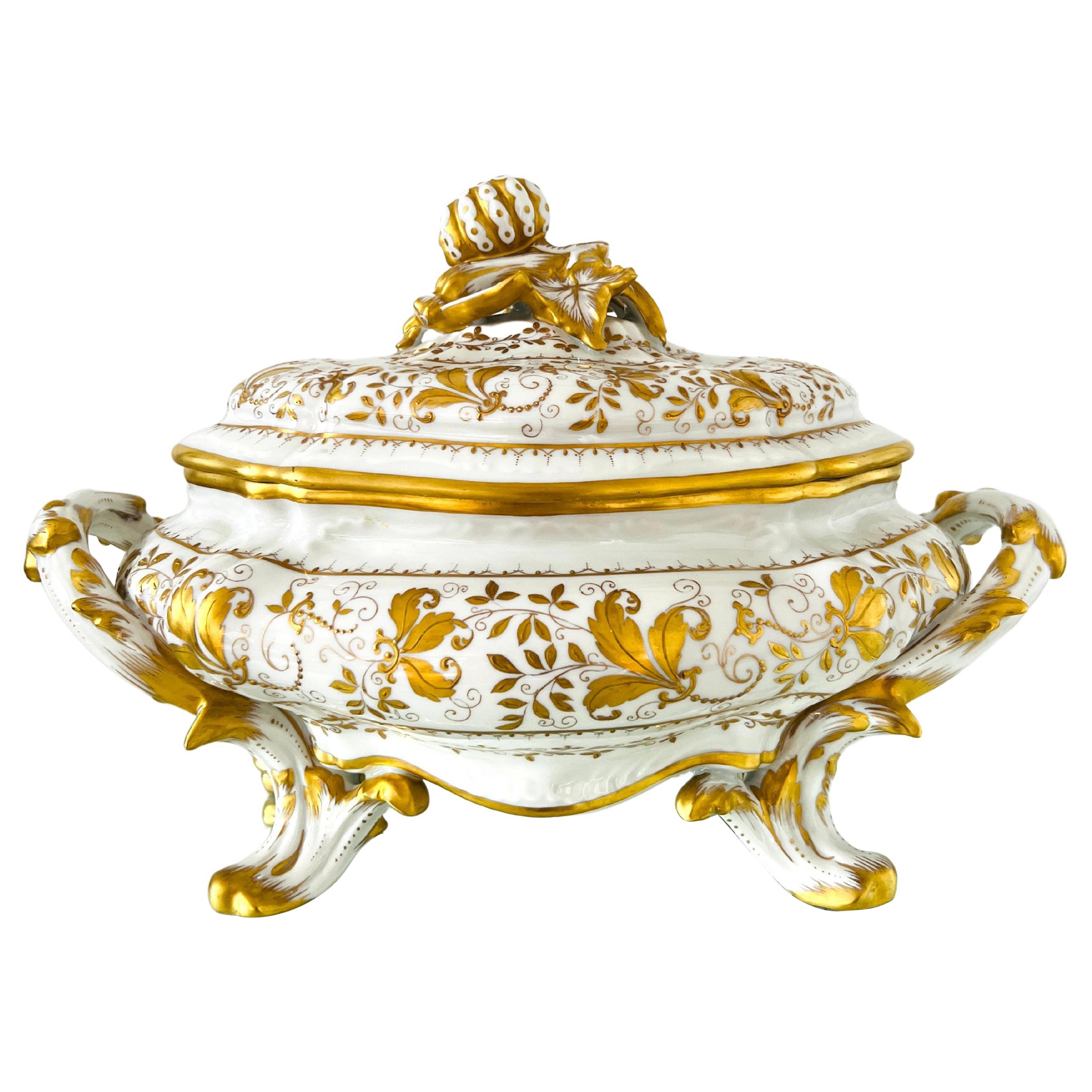 Le Tallec Hand Painted Porcelain Tureen with Gold Leaf Motifs, Paris, circa 1960 For Sale