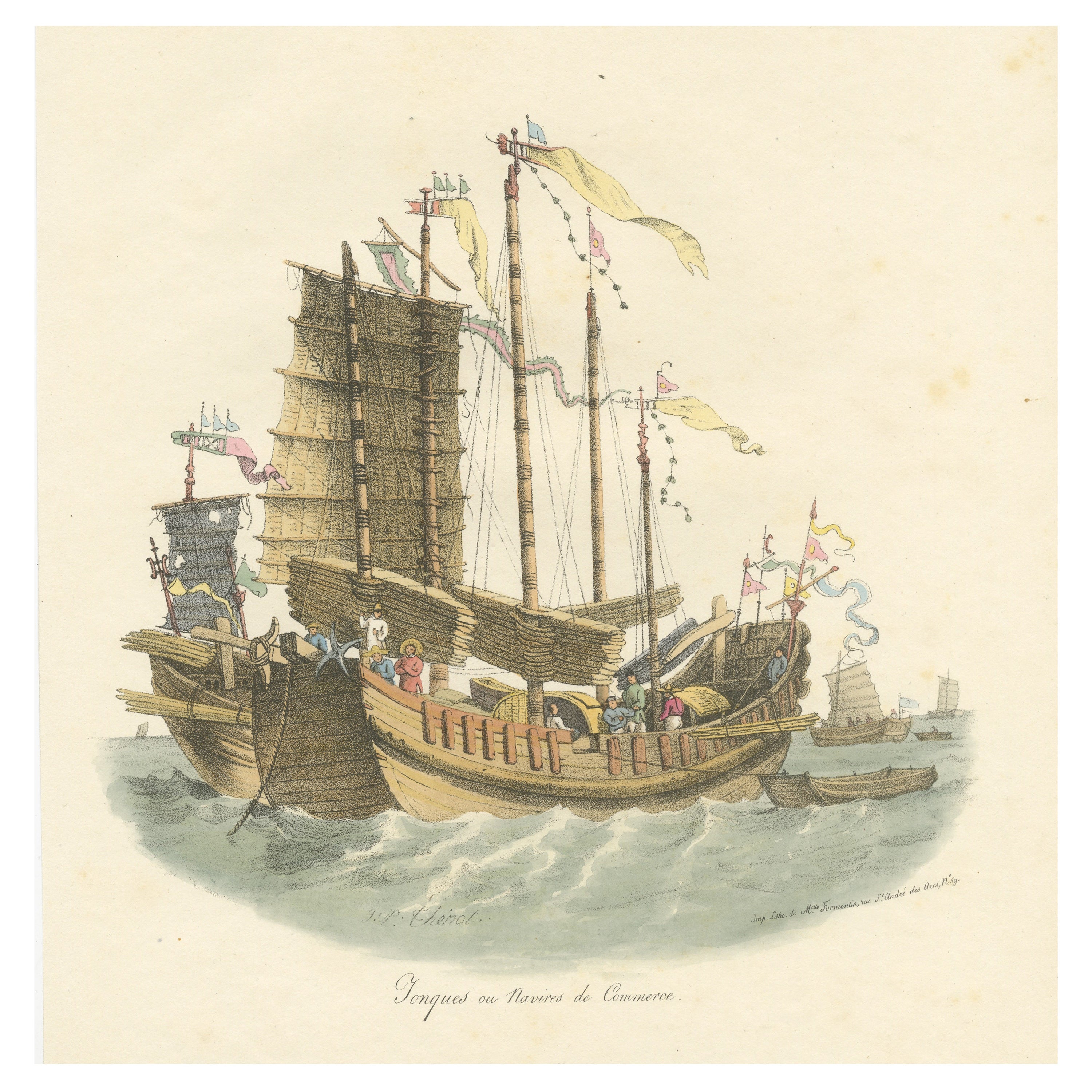 Antique Print of Chinese Junks or Merchant Ships, 1827 For Sale