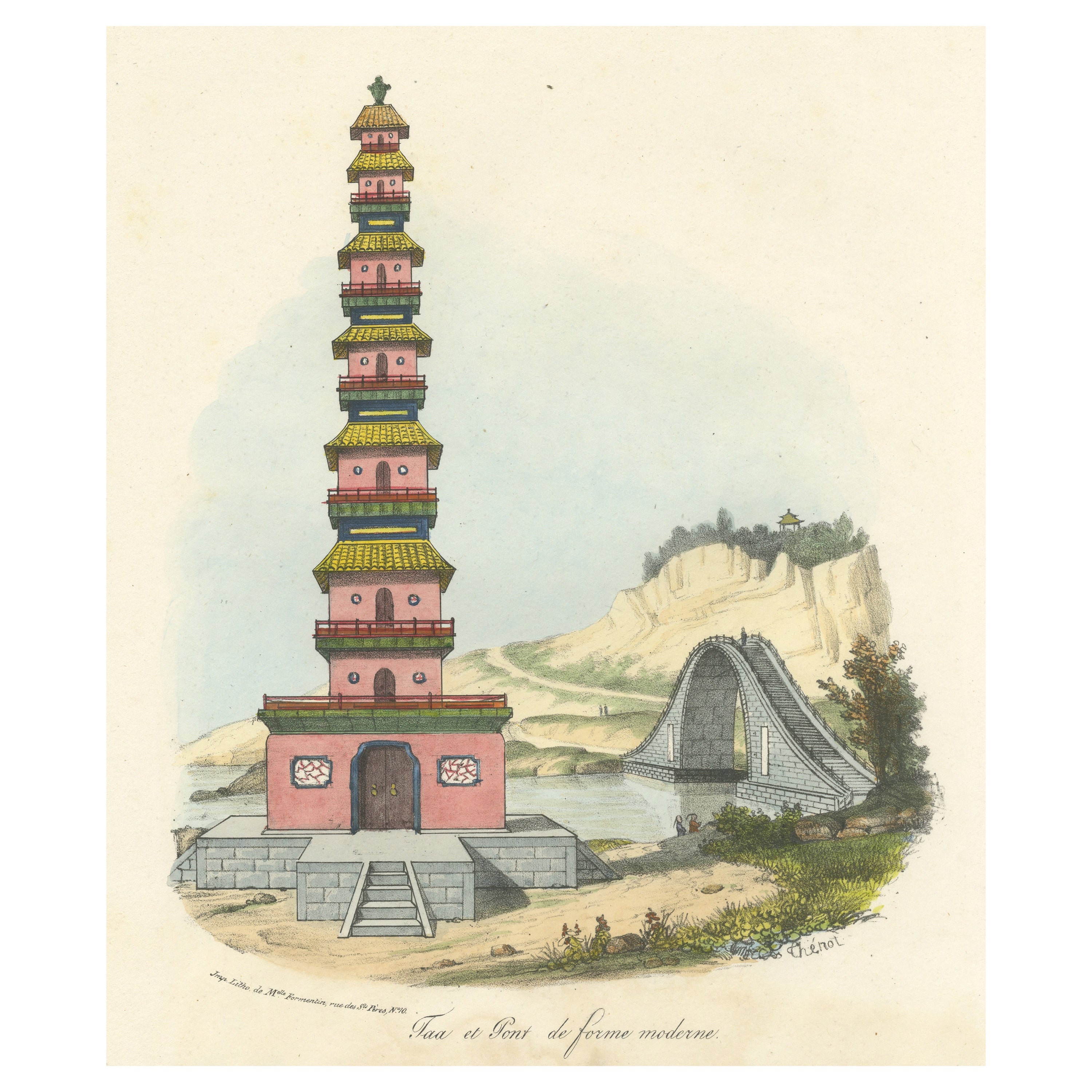 Antique Print of a Chinese Taa and Bridge For Sale