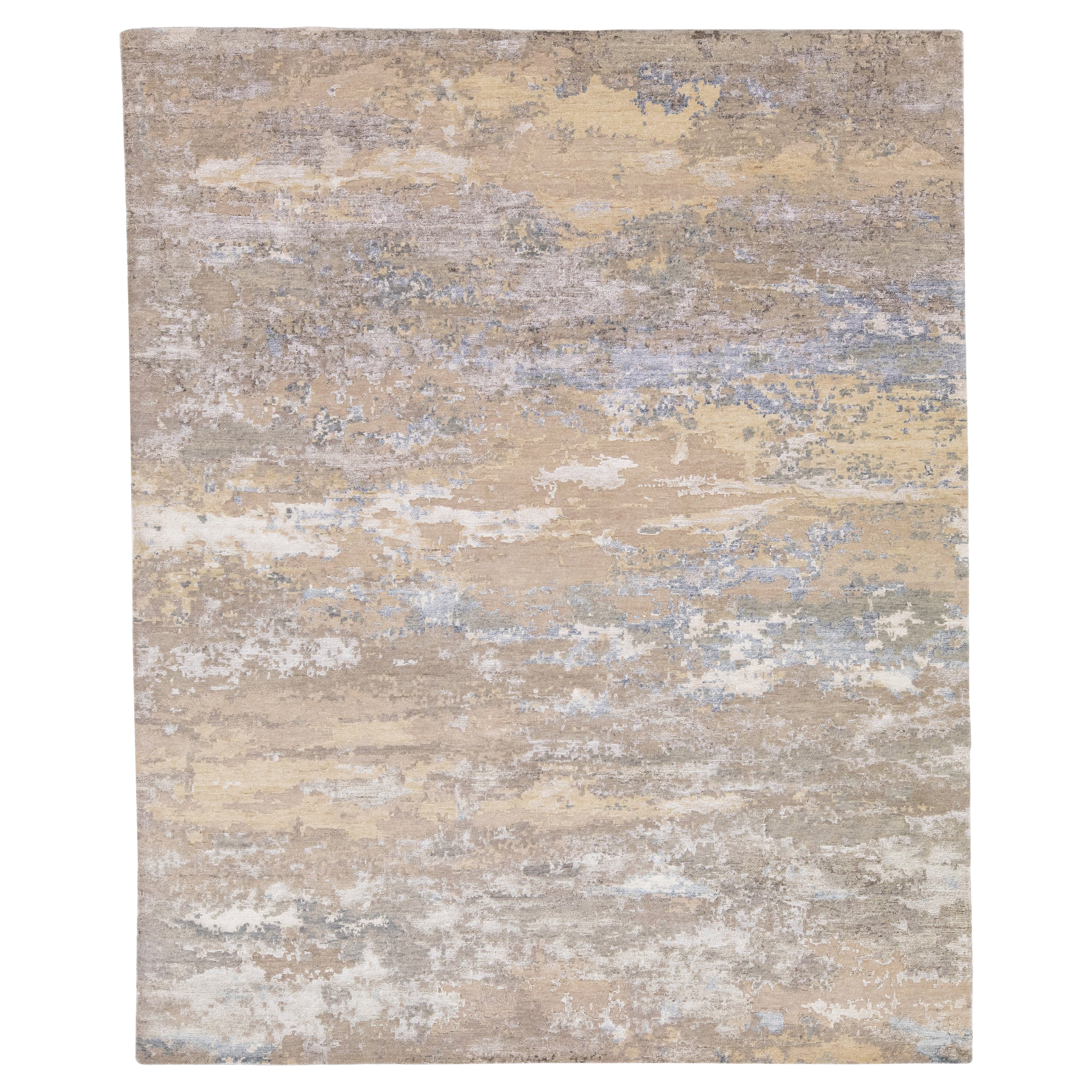 Beige Modern Rosewood Wool & Silk Rug with Abstract Motif