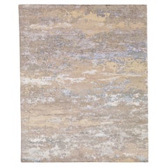 Tapis moderne en laine et soie beige en bois de rose avec motif abstrait 