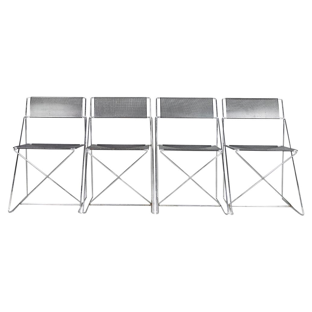 Set of 4 Minimalist Metal X-Line Chairs by Niels Jørgen Haugesen for Hybodan For Sale