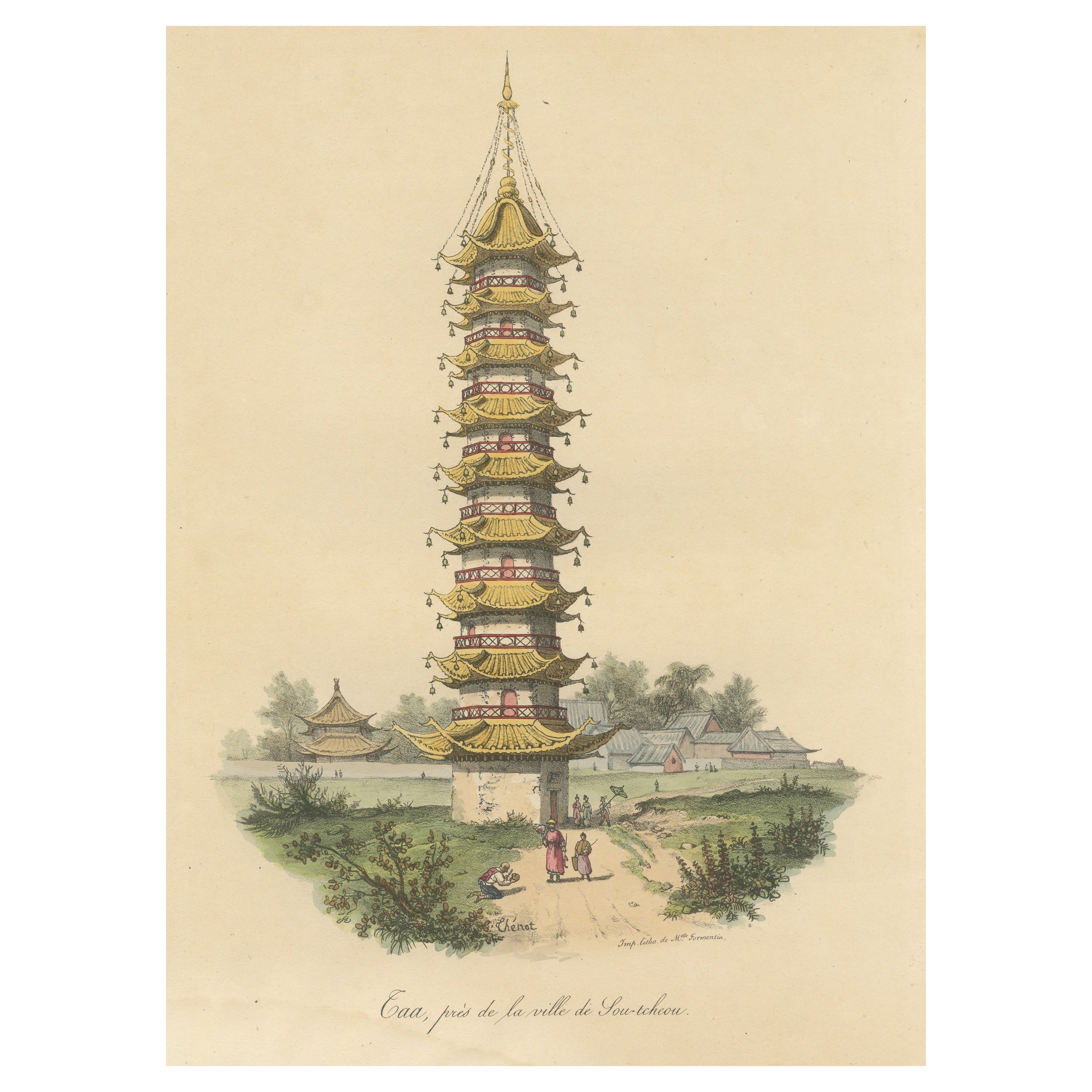 Antique Print of a Chinese Taa Near Sou-Tcheou For Sale