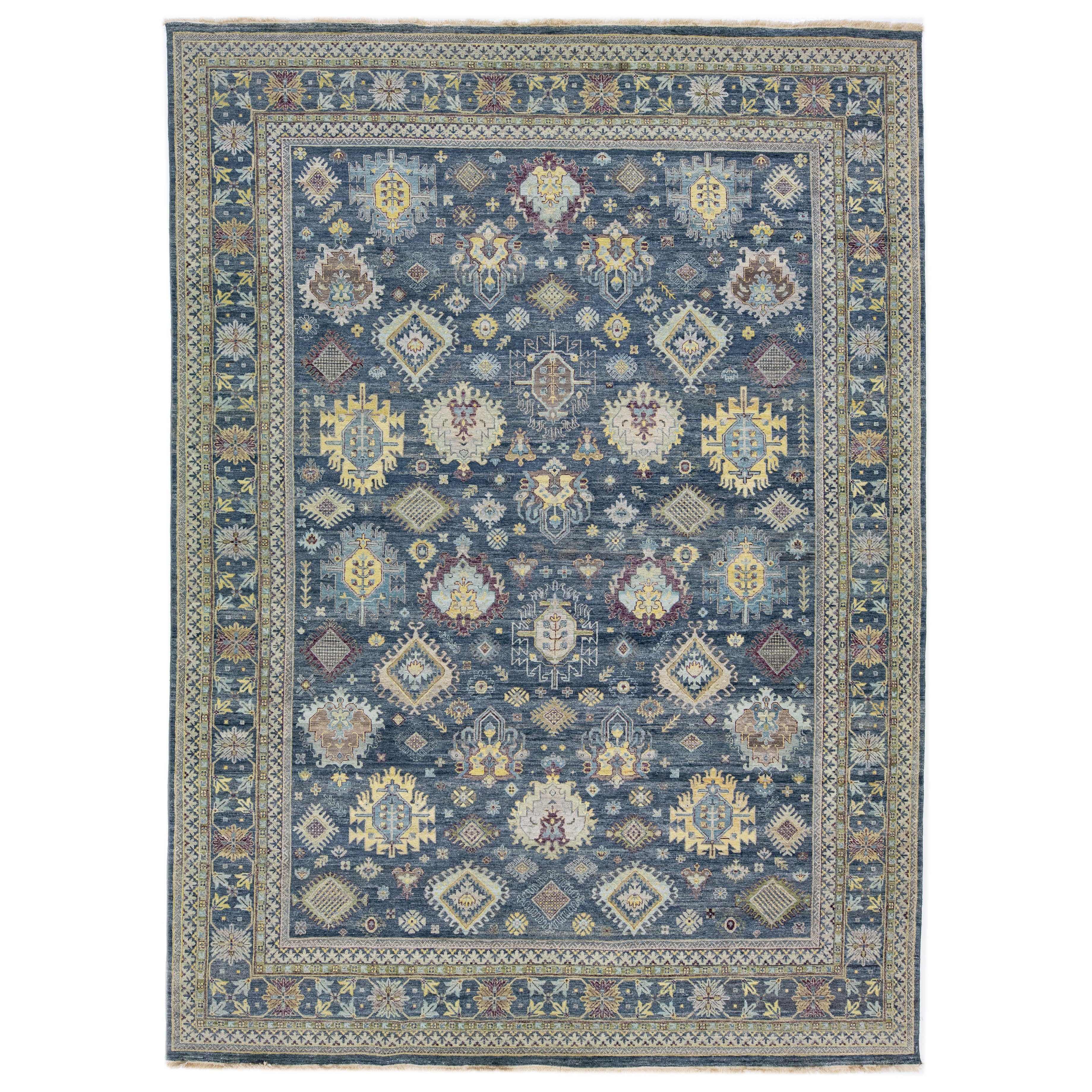 Handmade Modern Designed Mahal Style Wool Rug in Navy Blue by Apadana For Sale