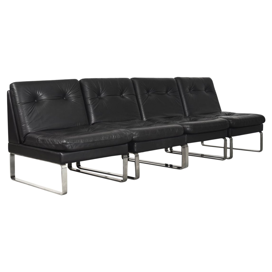 Vintage Minimalist German Black Leather & Chrome Modular Sofa from Klöber For Sale