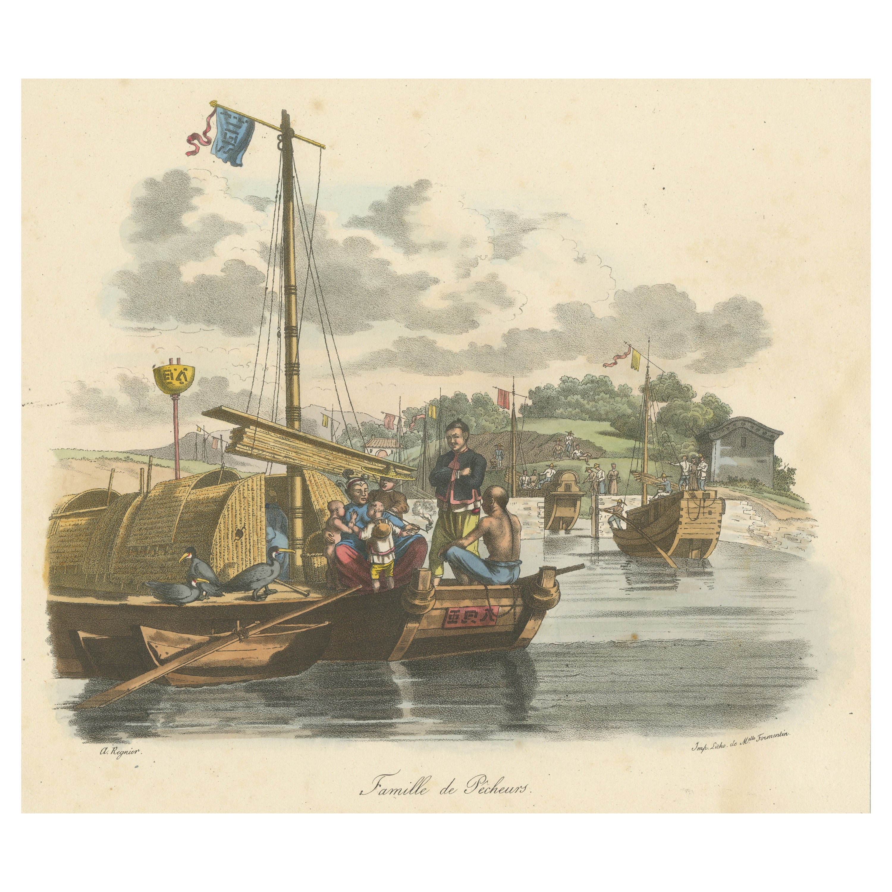 Antique Print of a Chinese Family of Fishermen For Sale
