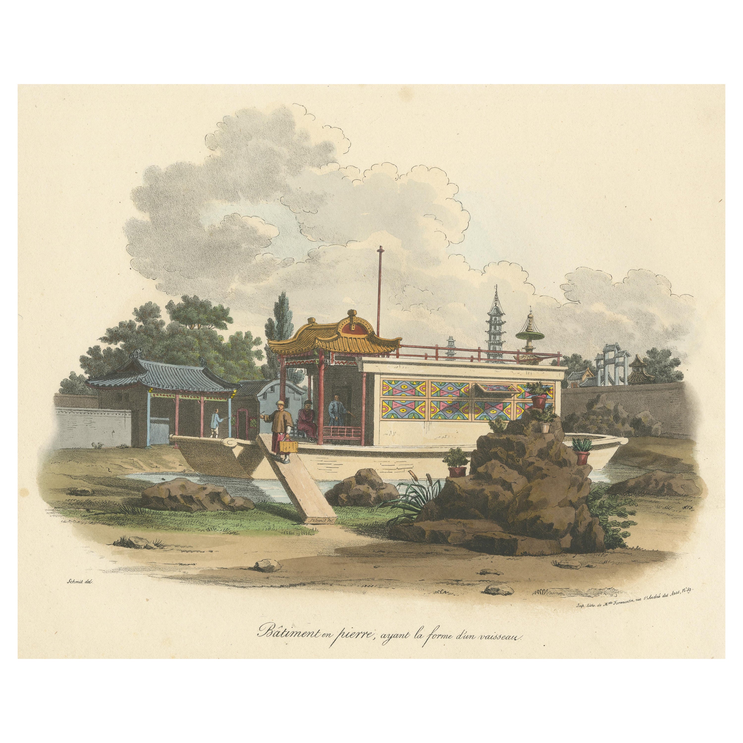 Antique Print of a Chinese Stone Building in the Shape of a Ship
