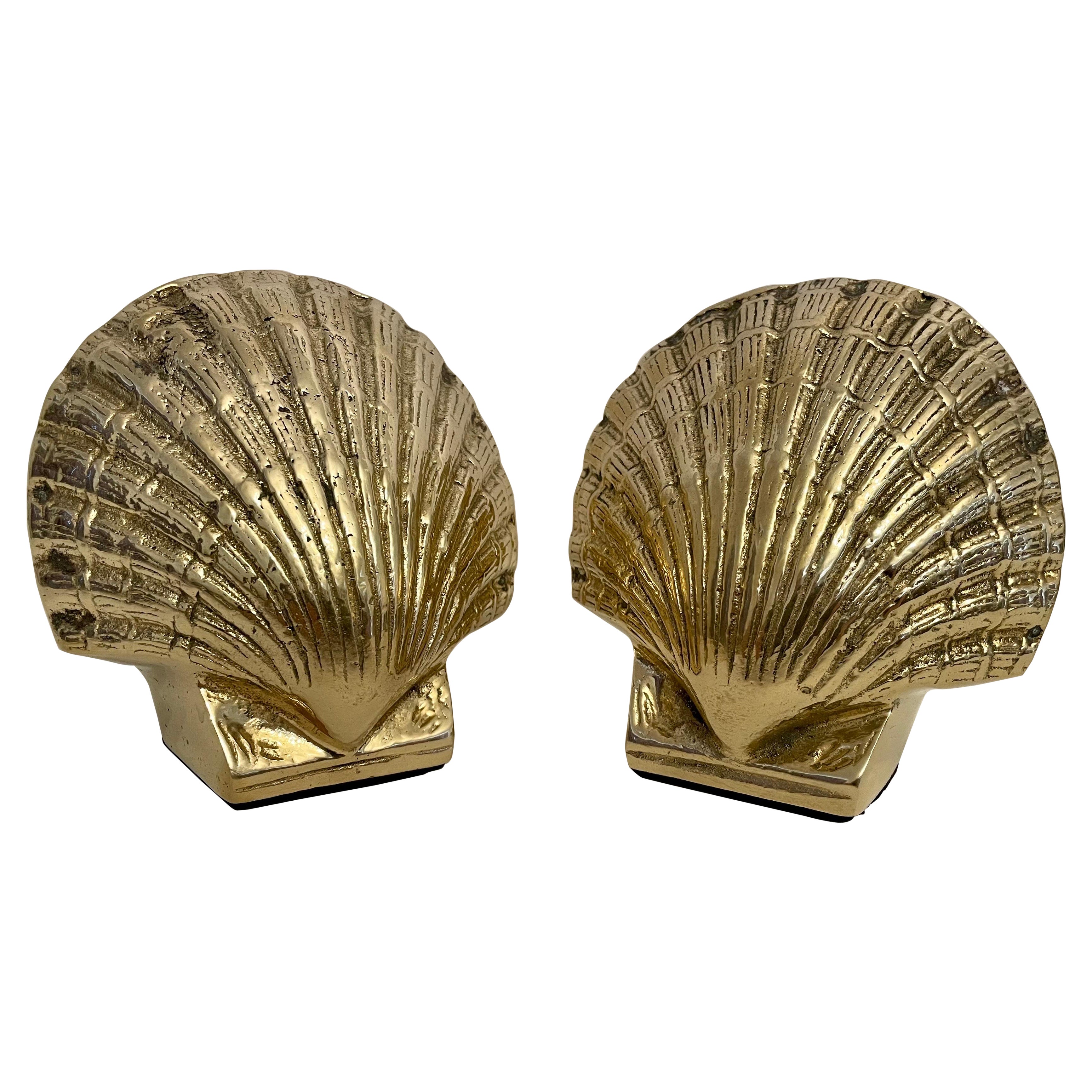 Pair Brass Clam Shell Seashell Bookends For Sale