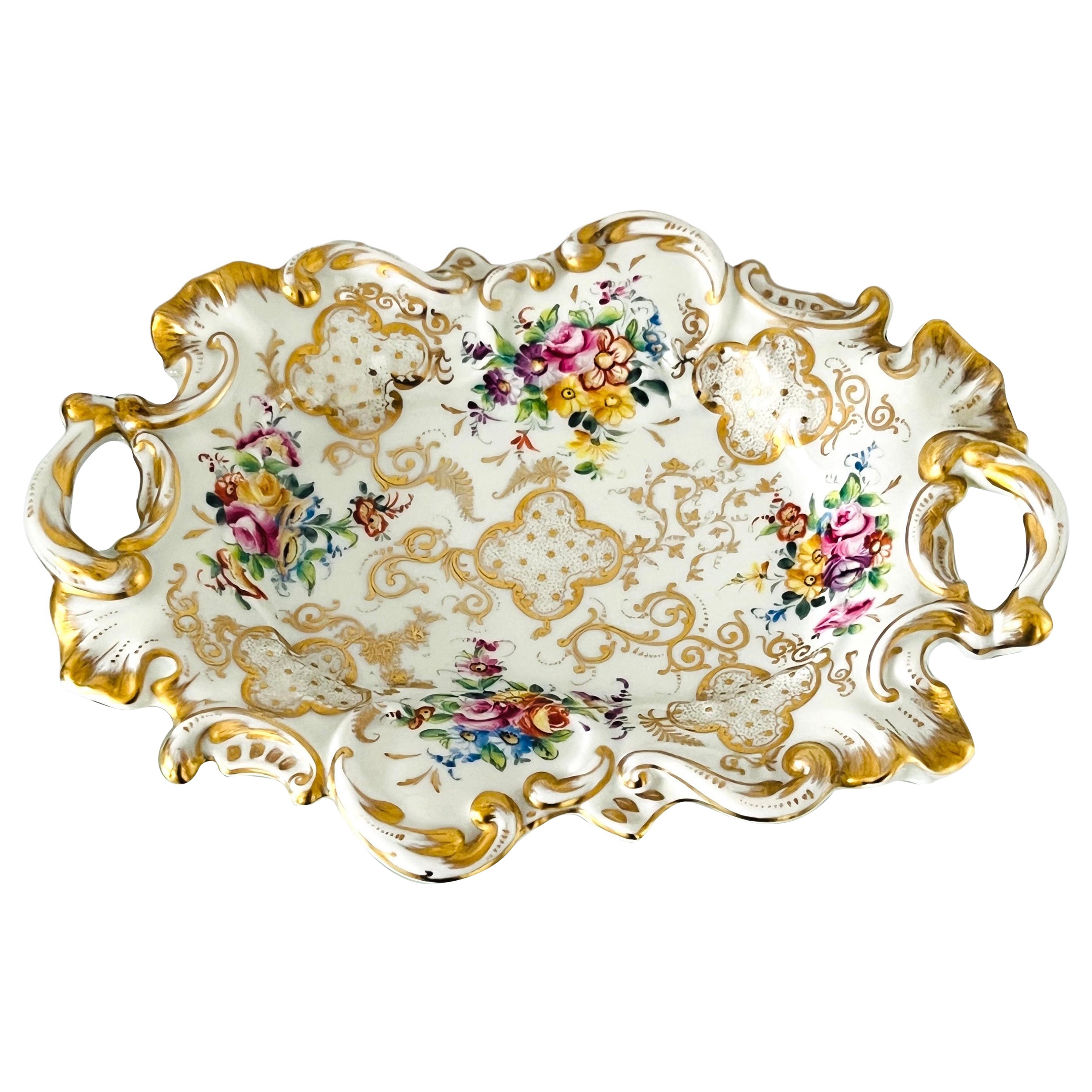 Le Tallec Hand Painted Gold and Floral Rococo Porcelain Platter or Tray For Sale