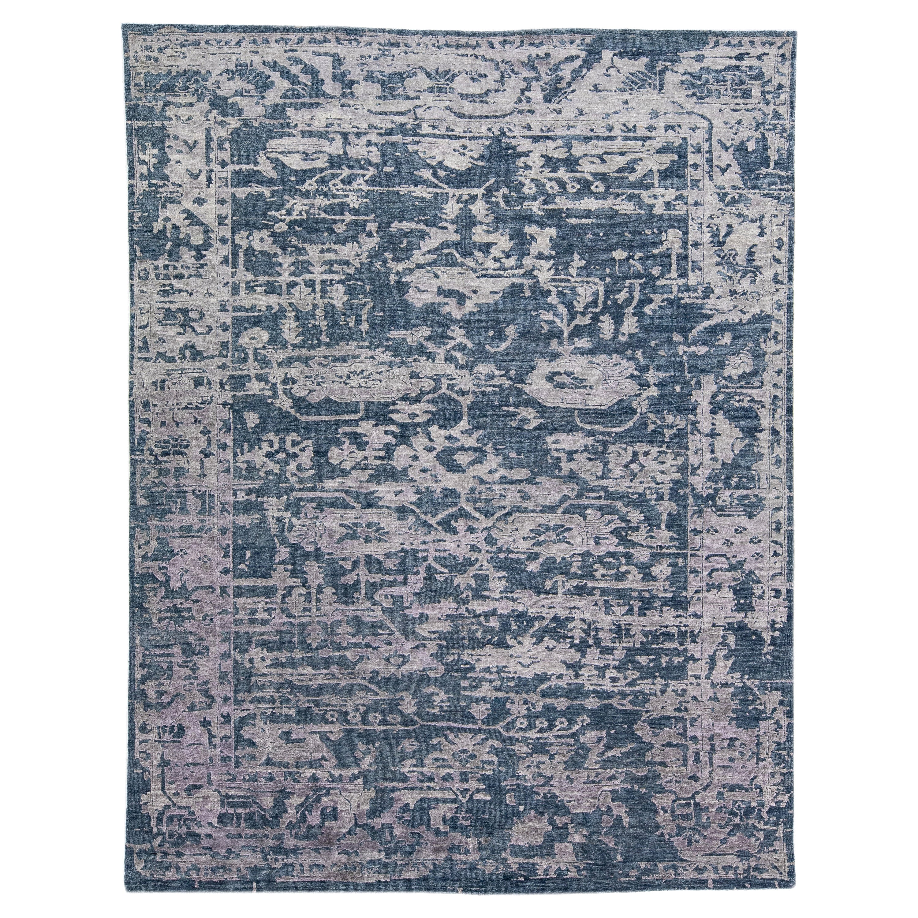 Handmade Contemporary Wool & Silk Abstract Rug with Blue & Gray Field For Sale