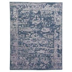 Tapis abstrait contemporain en laine et soie fait à la main avec motif de champ bleu et gris