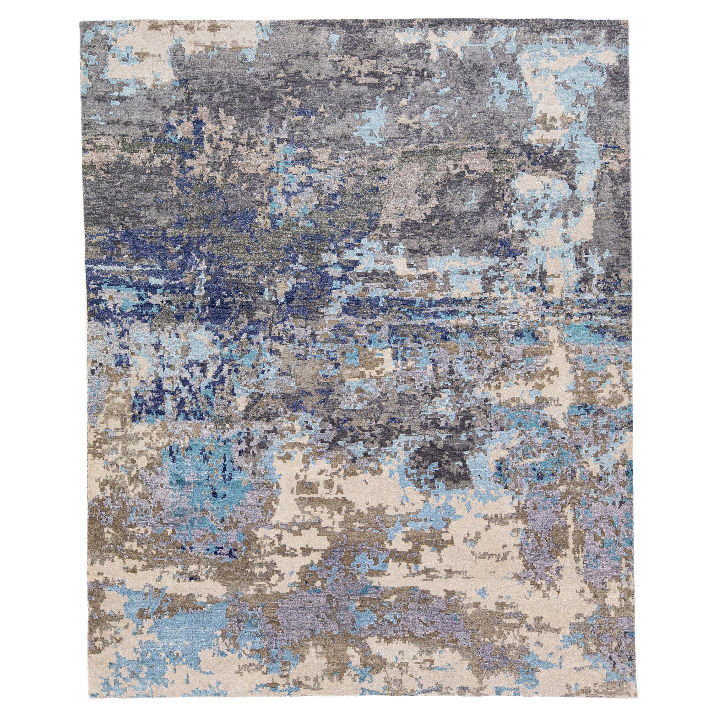 Wool & Silk Contemporary Abstract Rug with Gray & Blue Color For Sale