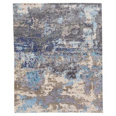 Tapis contemporain abstrait en laine et soie de couleur grise et bleue