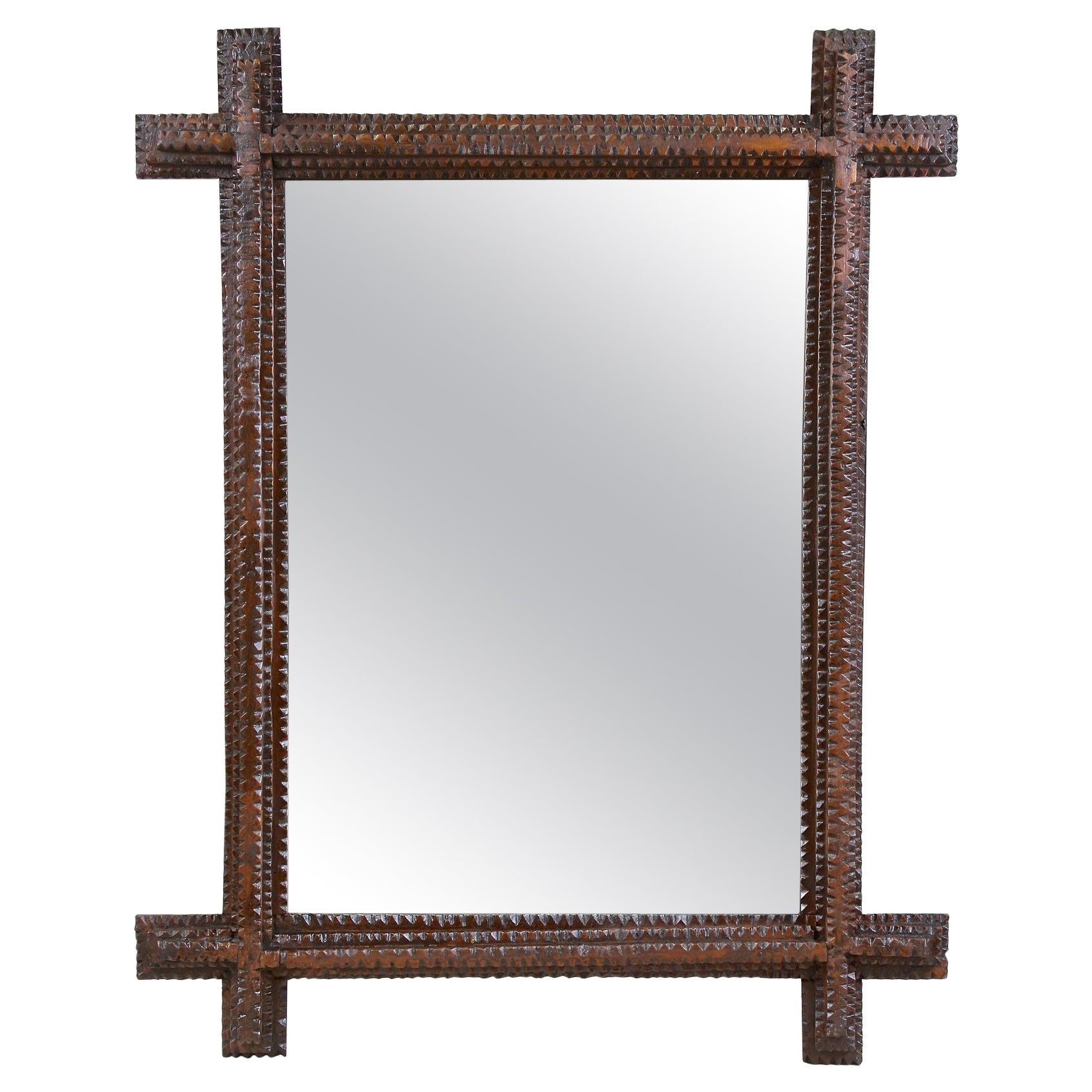 Rustic Tramp Art Wall Mirror, Basswood Hand Carved, Austria, circa 1860 For Sale