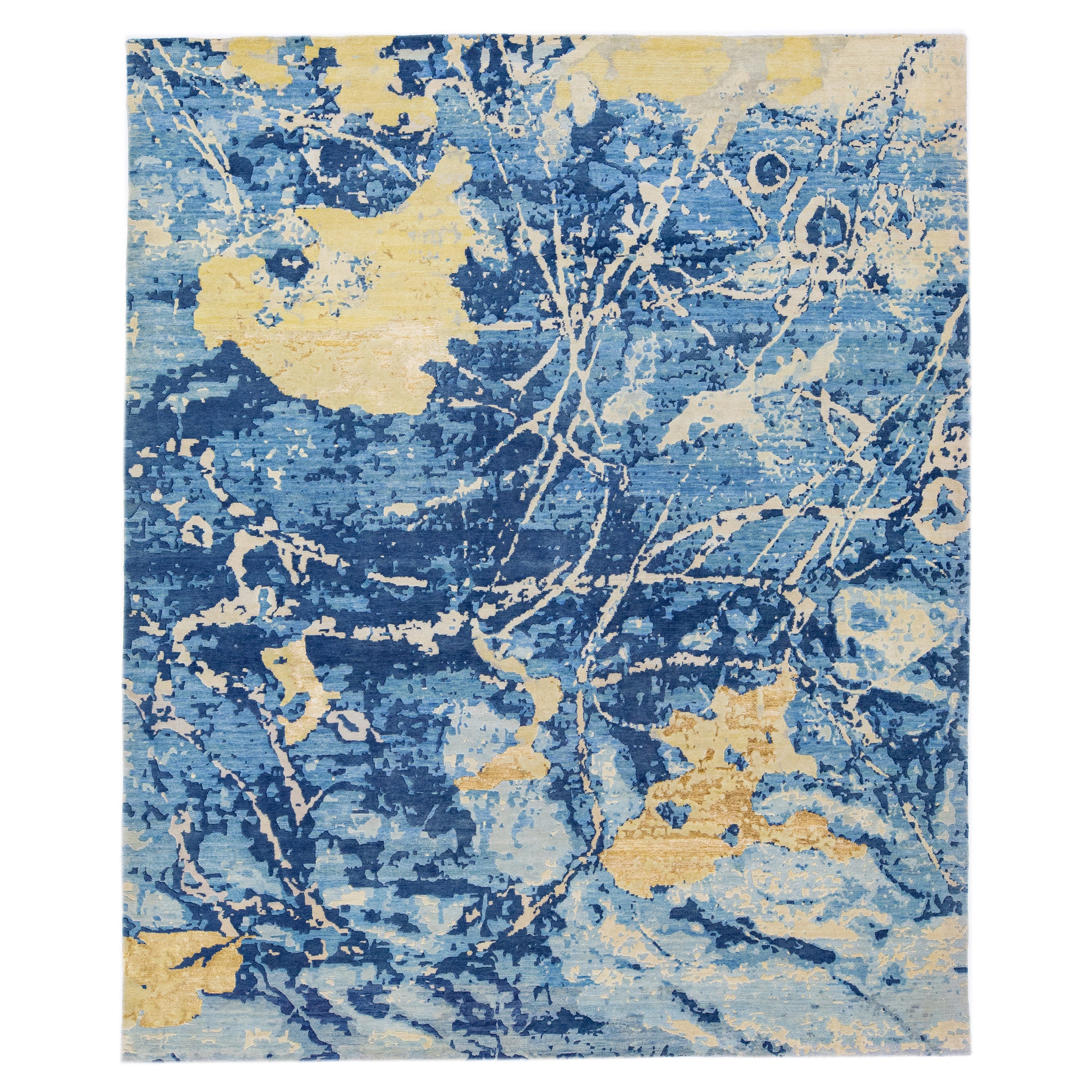Wool & Silk Modern Handmade Rug with Abstract Blue/Yellow Motif For Sale
