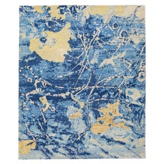 Wool & Silk Modern Handmade Rug with Abstract Blue/Yellow Motif