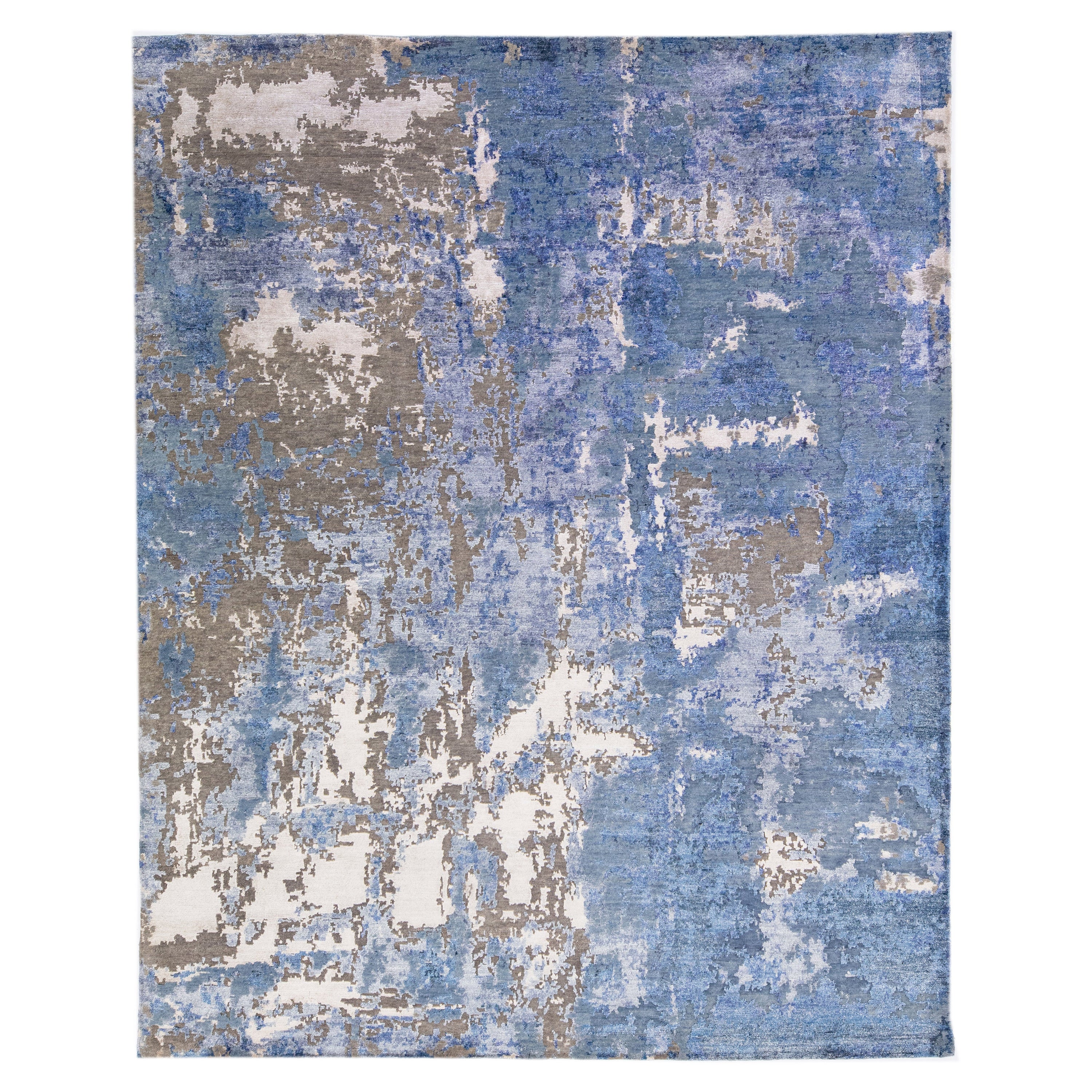 Contemporary Rosewood Wool & Silk Abstract Rug in Blue  For Sale