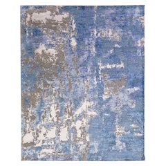 Tapis contemporain abstrait en laine et soie de bois de rose en bleu 