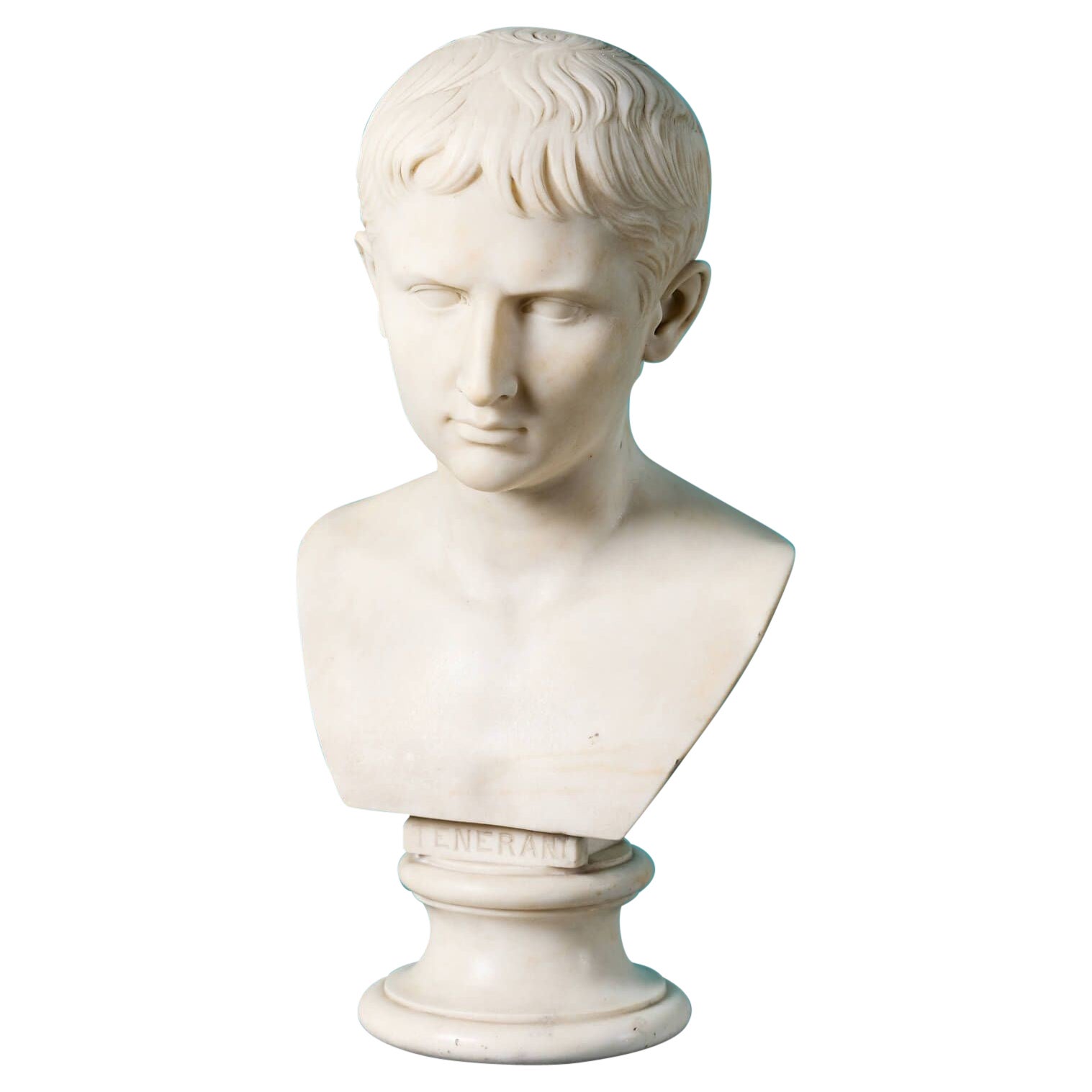 Buste en marbre statuaire de Tenerani représentant un jeune Augustus Caesar