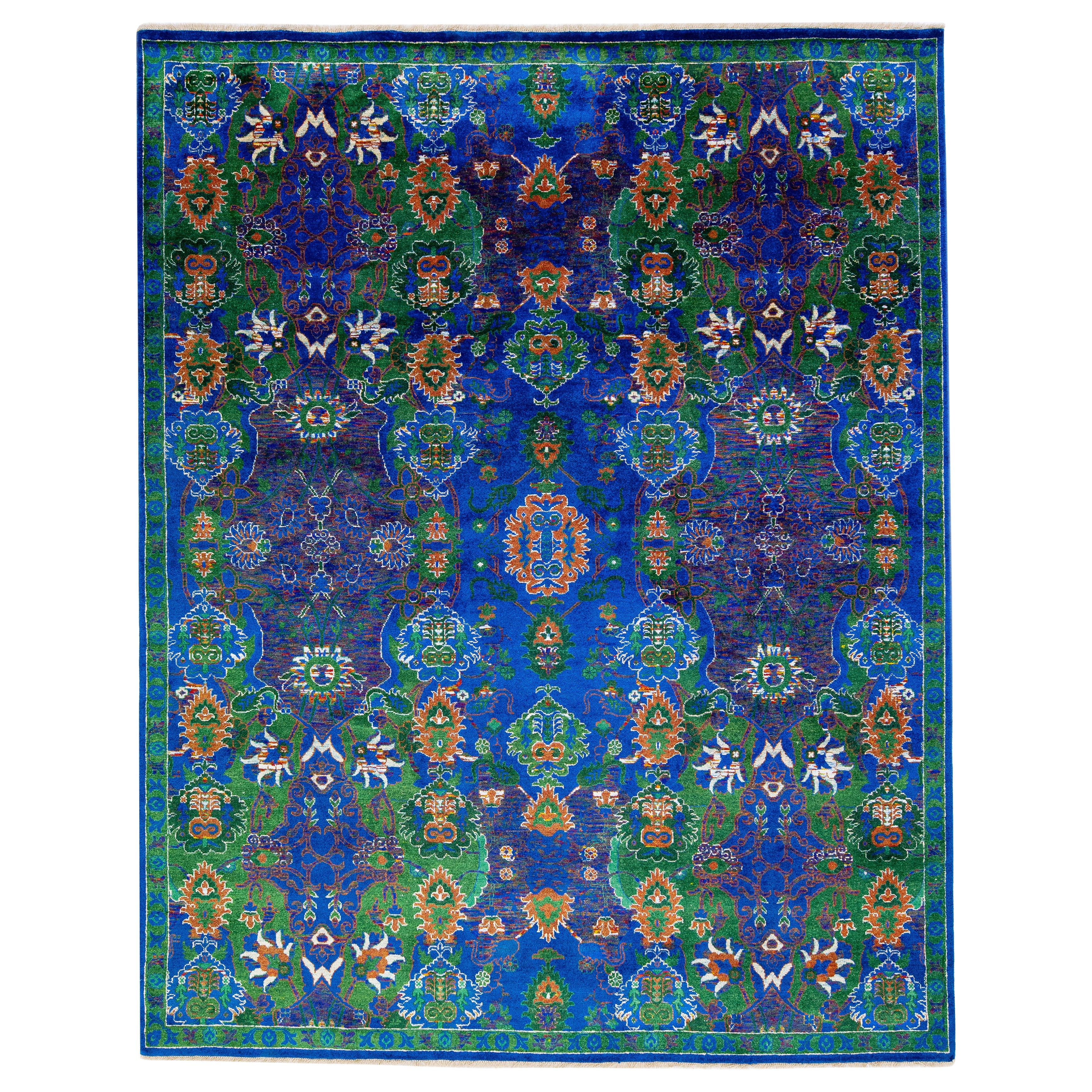 Abstract Modern Wool & Silk Rug Allover Designed in Blue & Green