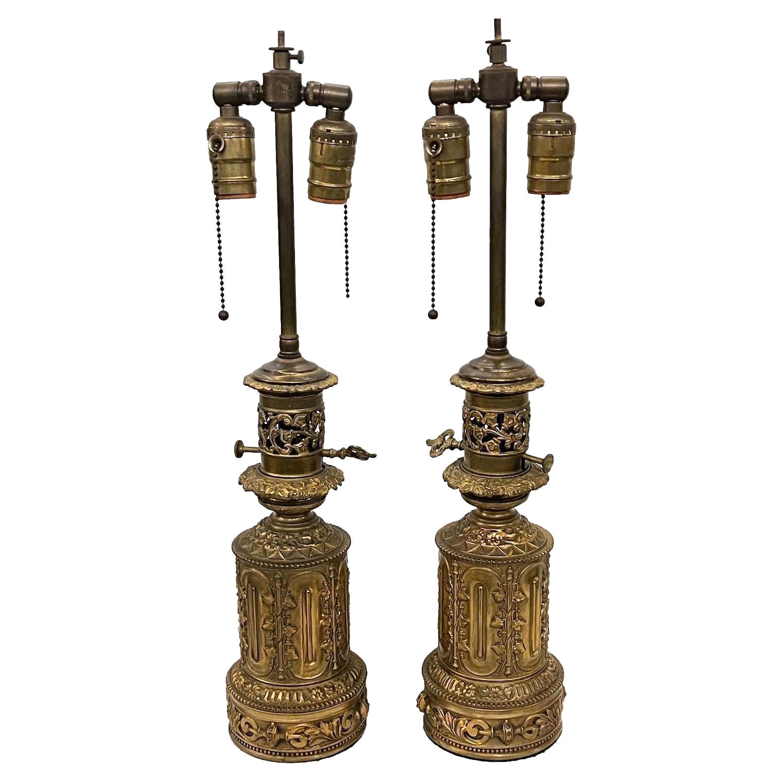 Pair of Electrified Brass Oil Lamps For Sale